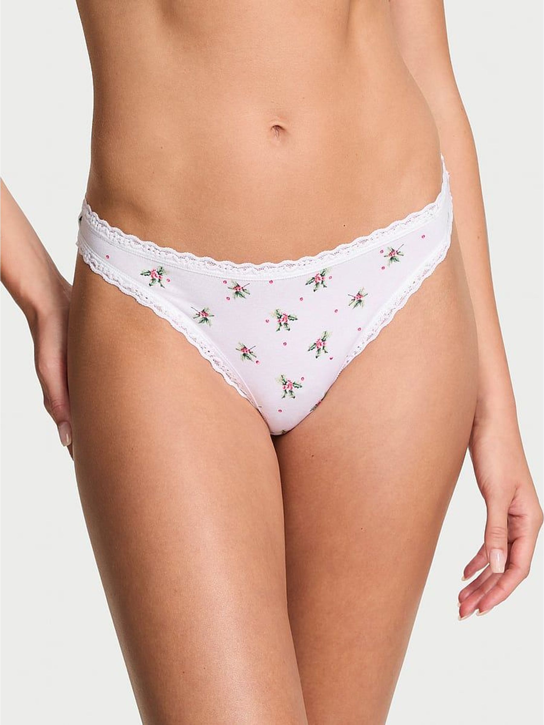 White Christmas Holly Thong Cotton Lace Trim Knickers (W72093) | €13
