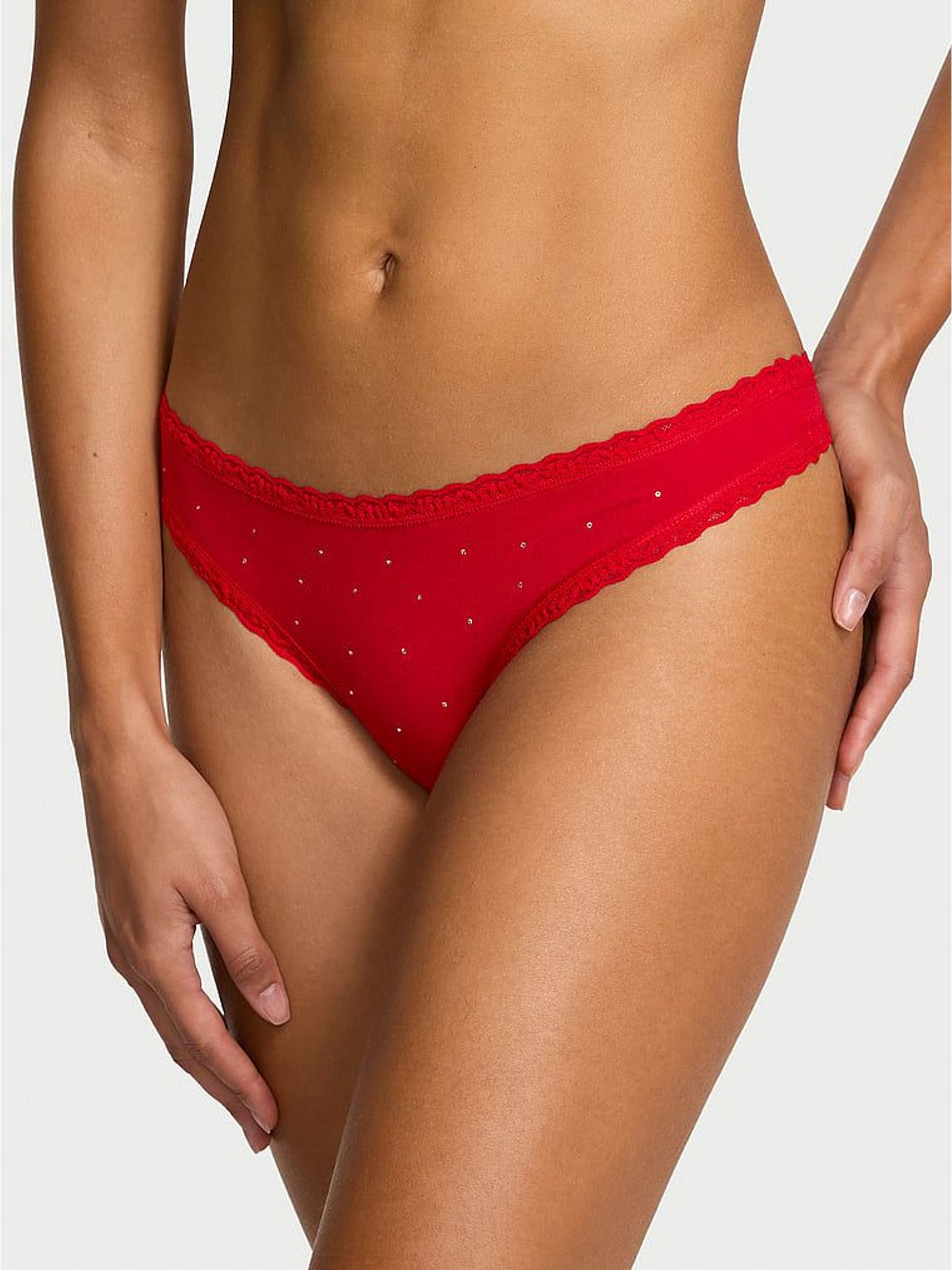 Lipstick Red Thong Cotton Lace Trim Sparkle Knickers (W72107) | €13