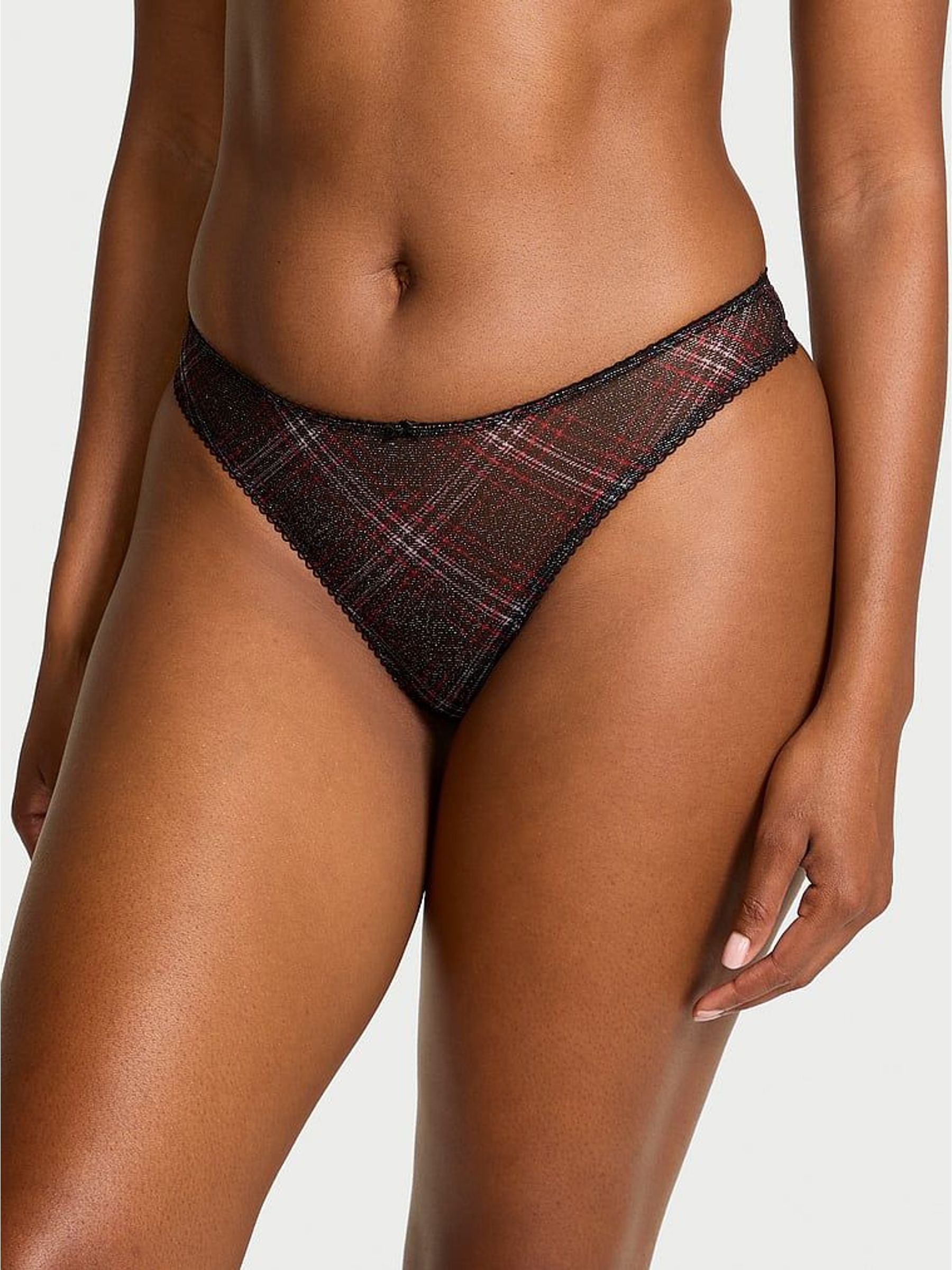 Black Thong Shimmer Mesh Tartan Knickers (W72117) | €13