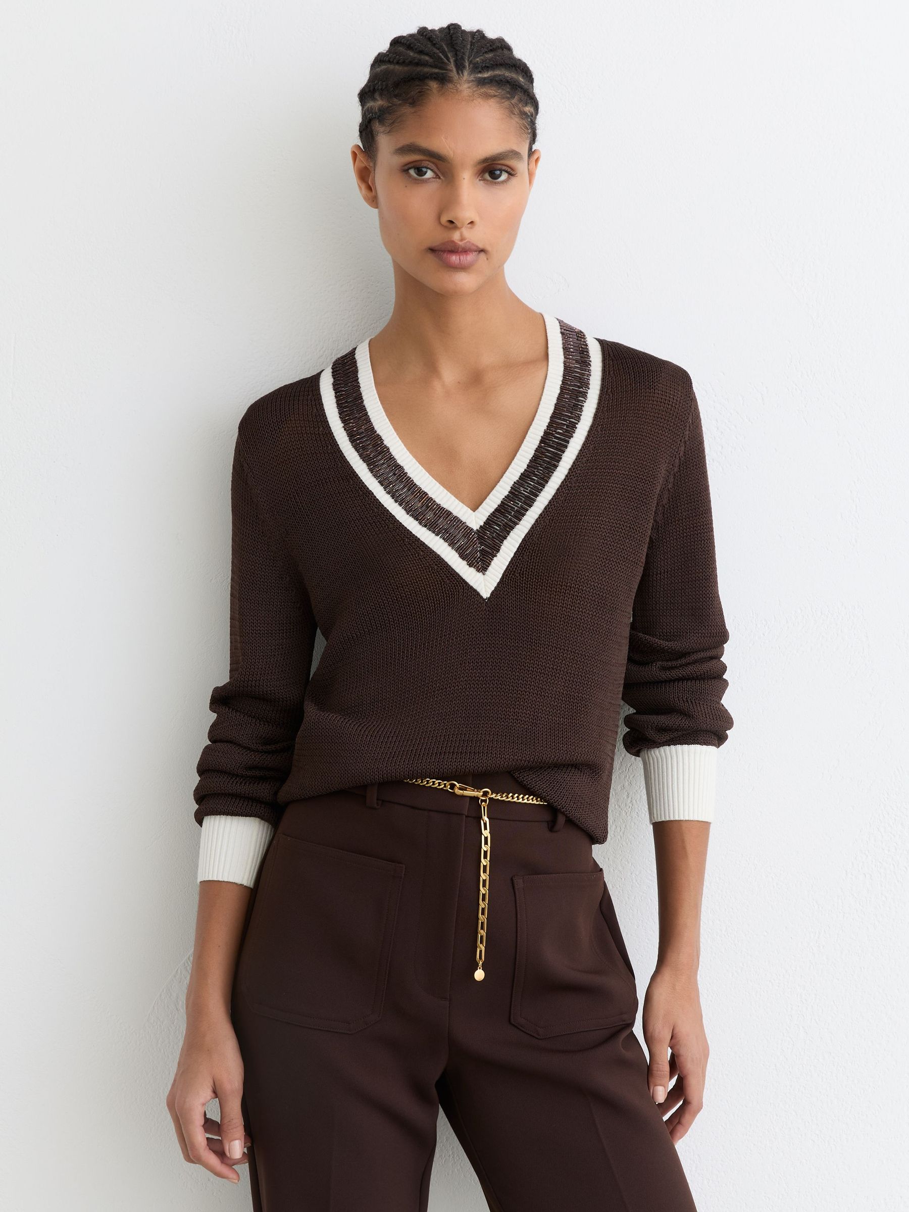 Bead-Detail V-Neck Knitted Jumper in Chocolate Brown (W72754) | $295
