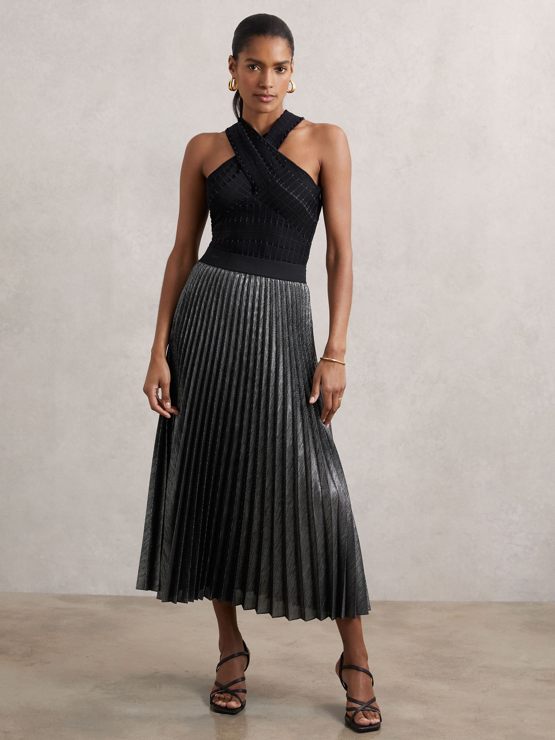 Metallic Pleated Midi Skirt in Charcoal Grey (W72755) | 1,255 QAR