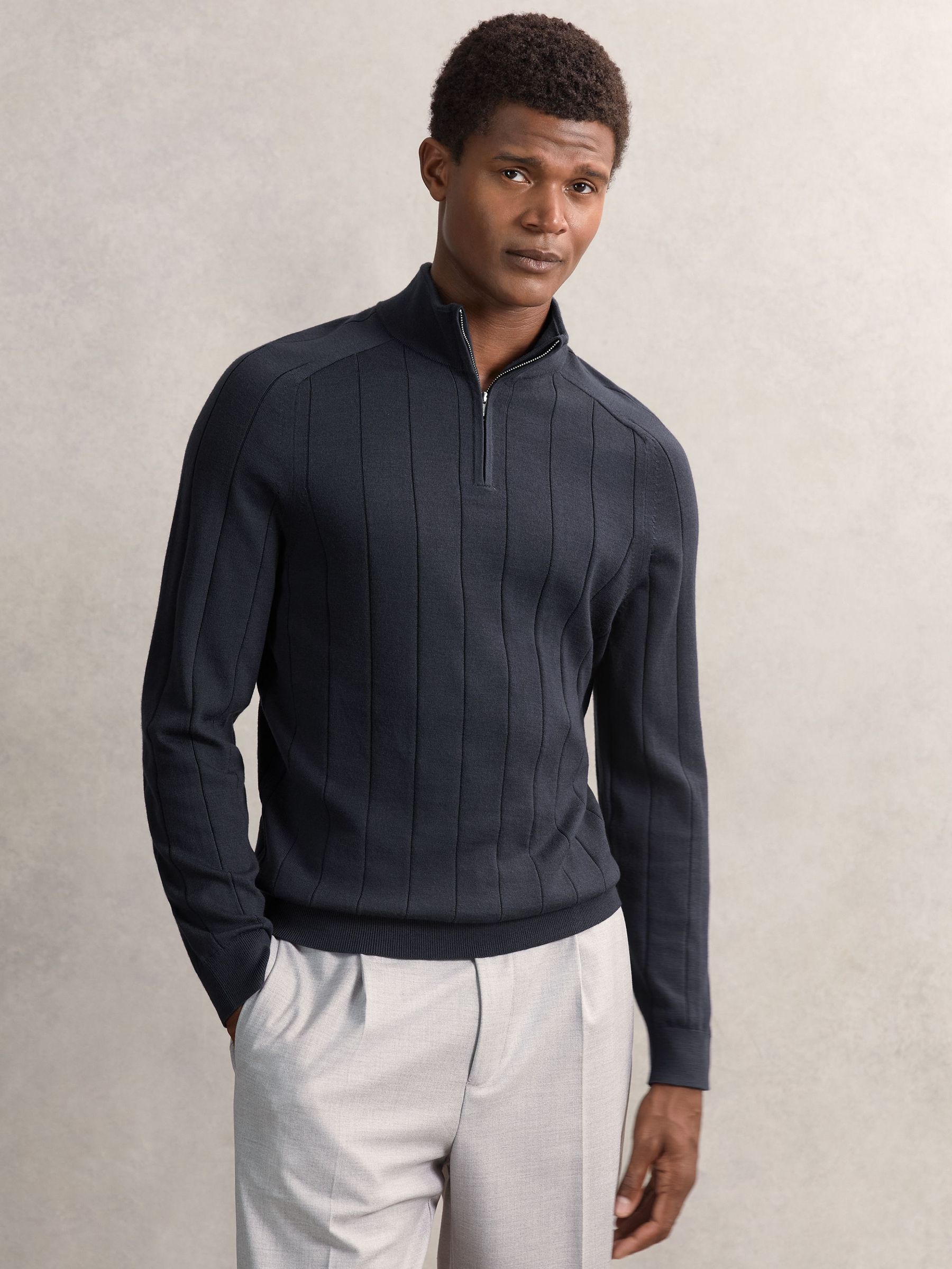Merino Wool Wide-Rib Half-Zip Jumper in Airforce Blue (W72758) | 600 QAR