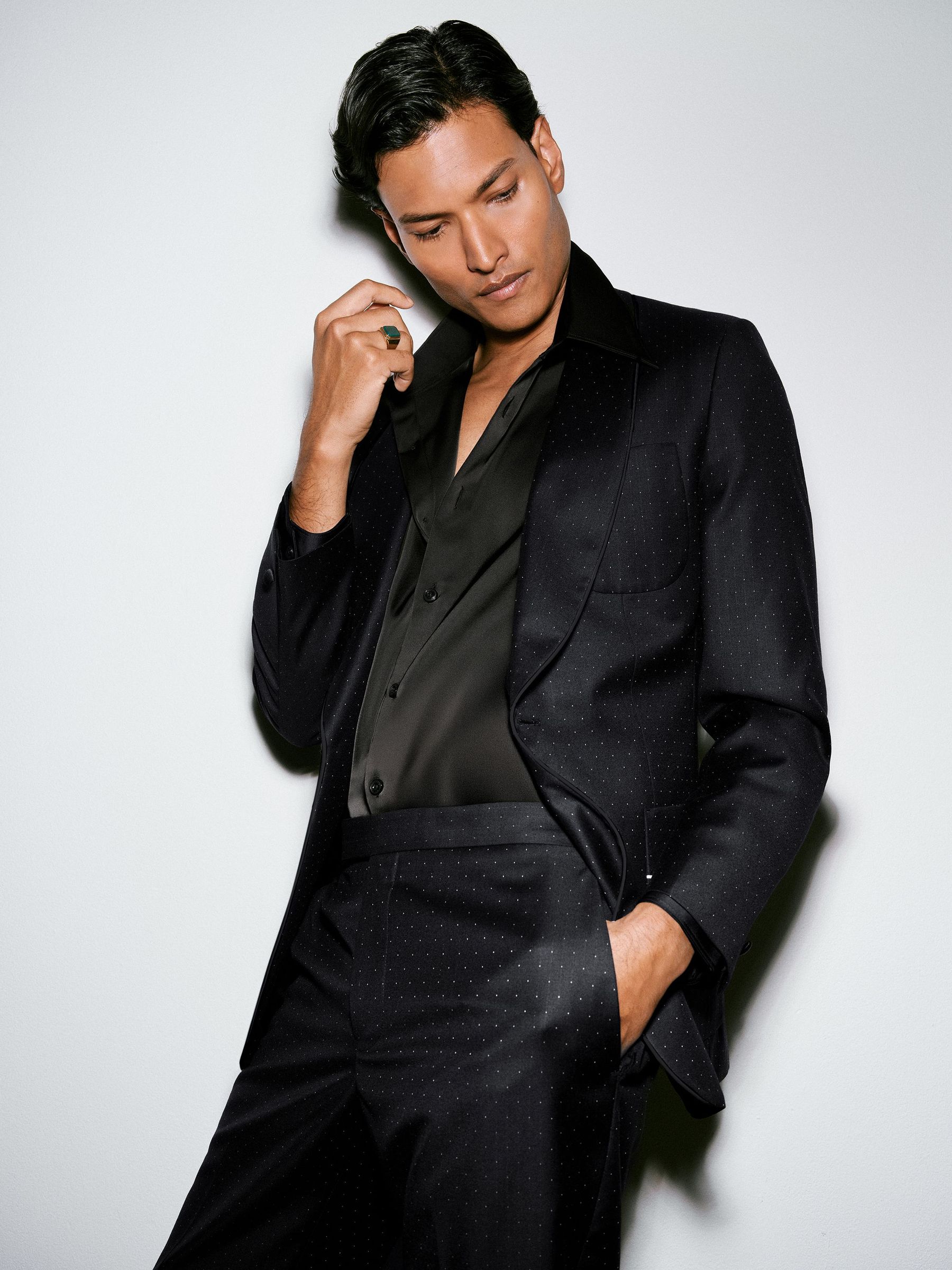 Single-Breasted Polka-Dot Suit Blazer Classic-Fit Wool-Blend in Midnight Navy (W72759) | $765