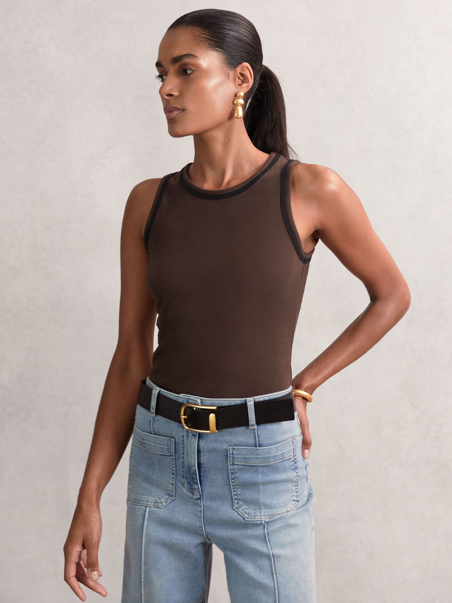 Stretch-Cotton Jersey Tipped Vest in Chocolate Brown/Black (W72766) | 161 QAR