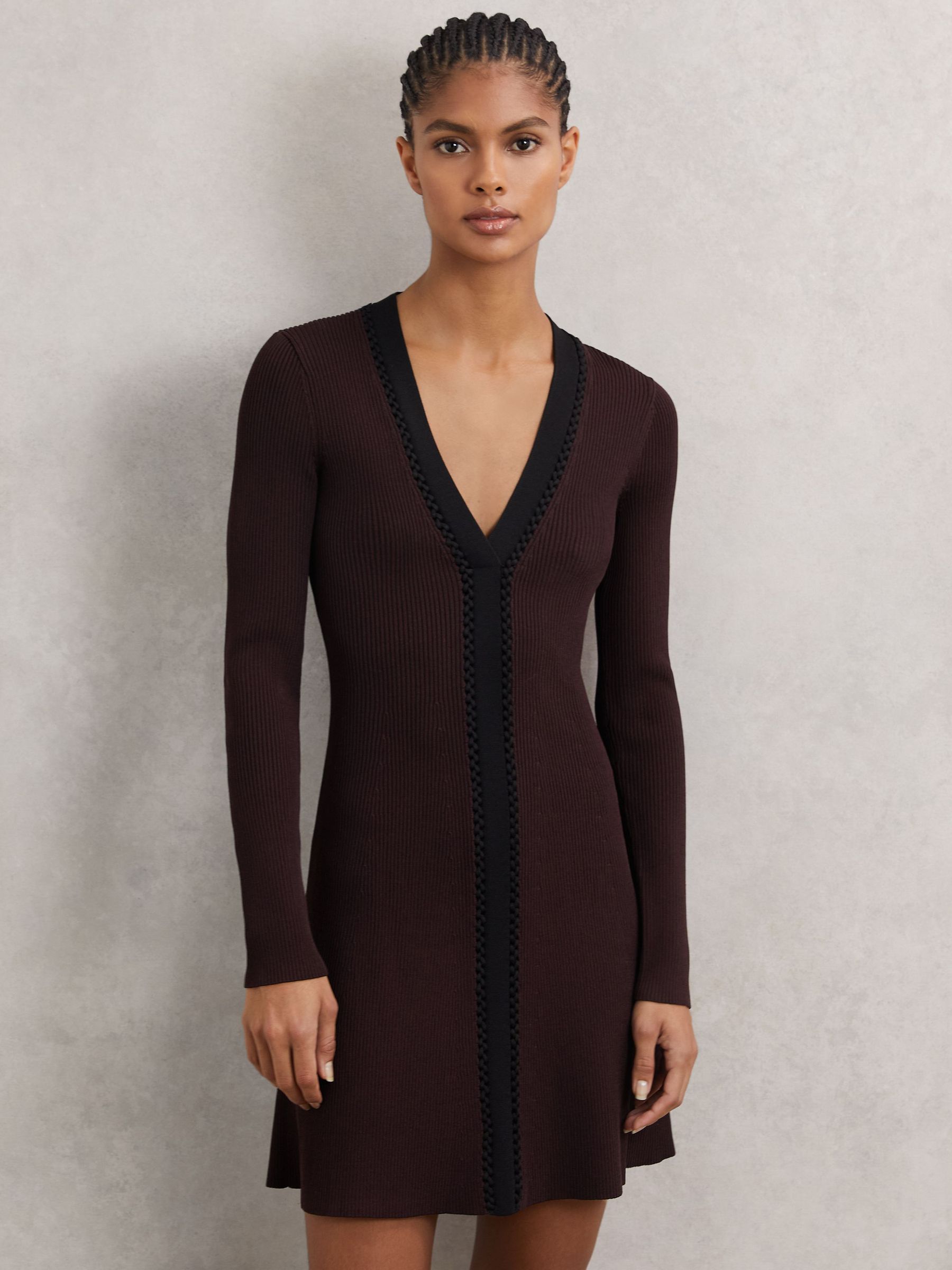 Craft-Stitch Rib-Knit Mini Dress in Burgundy/Black (W72768) | ₪1,140