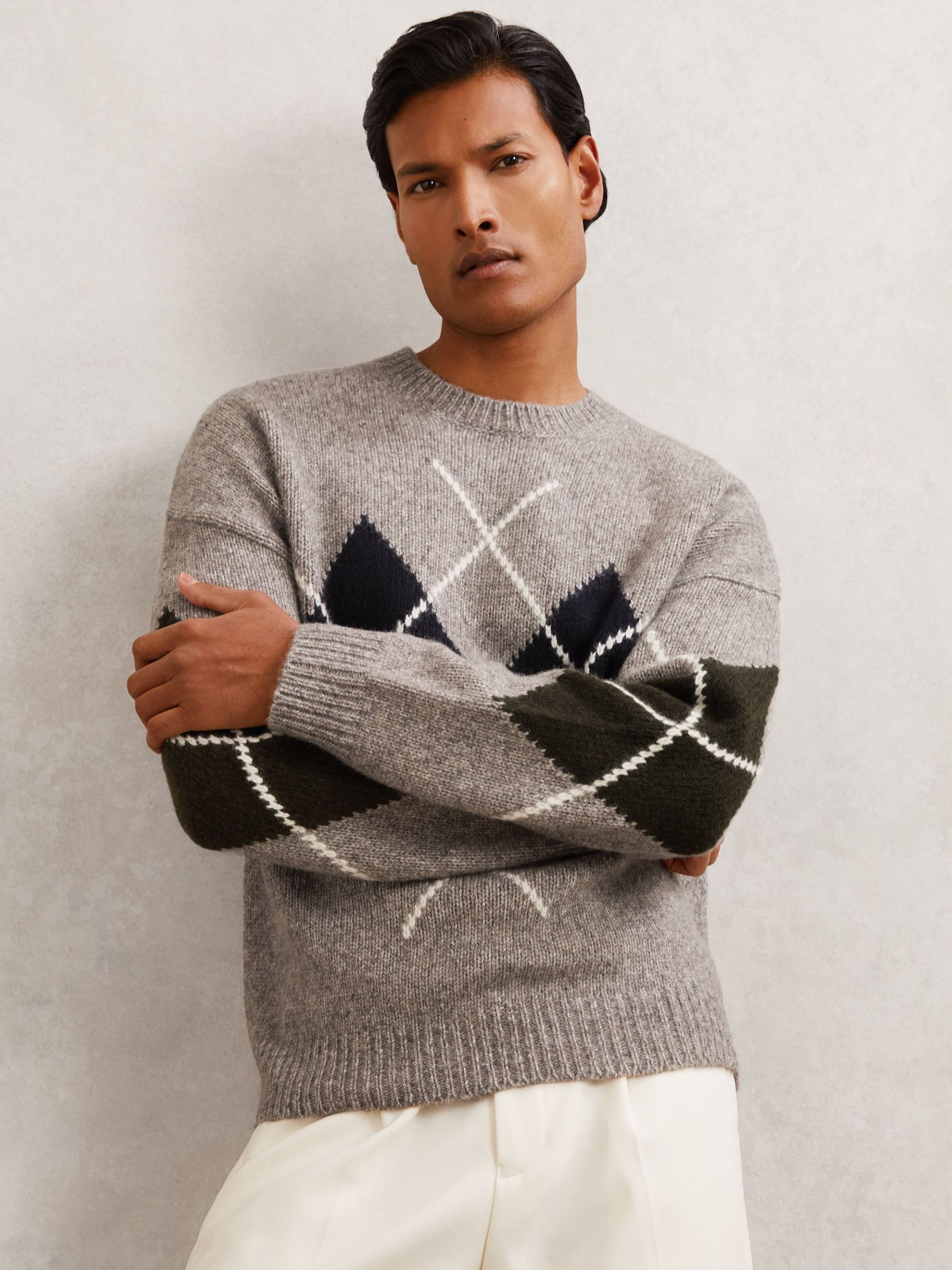Wool-Blend Crew-Neck Argyle Jumper in Oatmeal (W72774) | $240