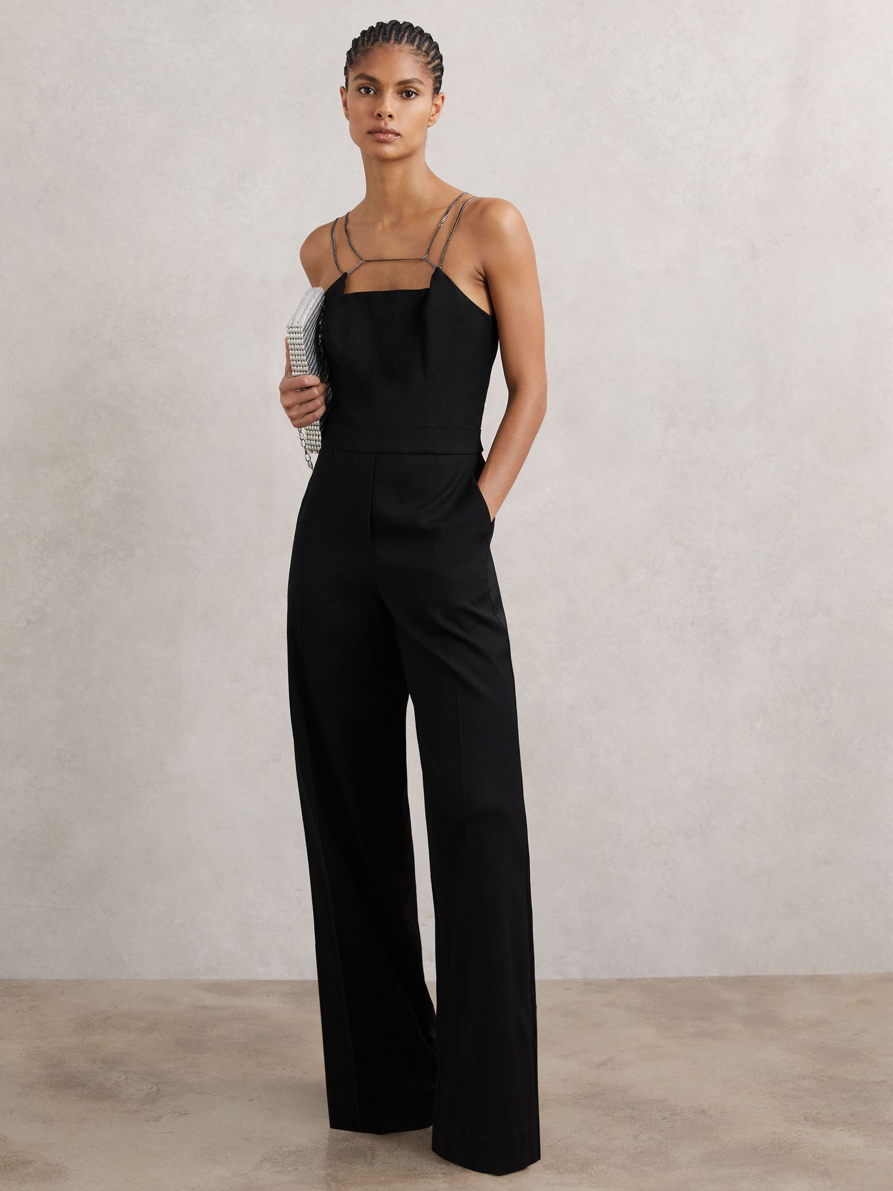 Chain-Strap Wide-Leg Jumpsuit in Black (W72776) | 1,620 SAR