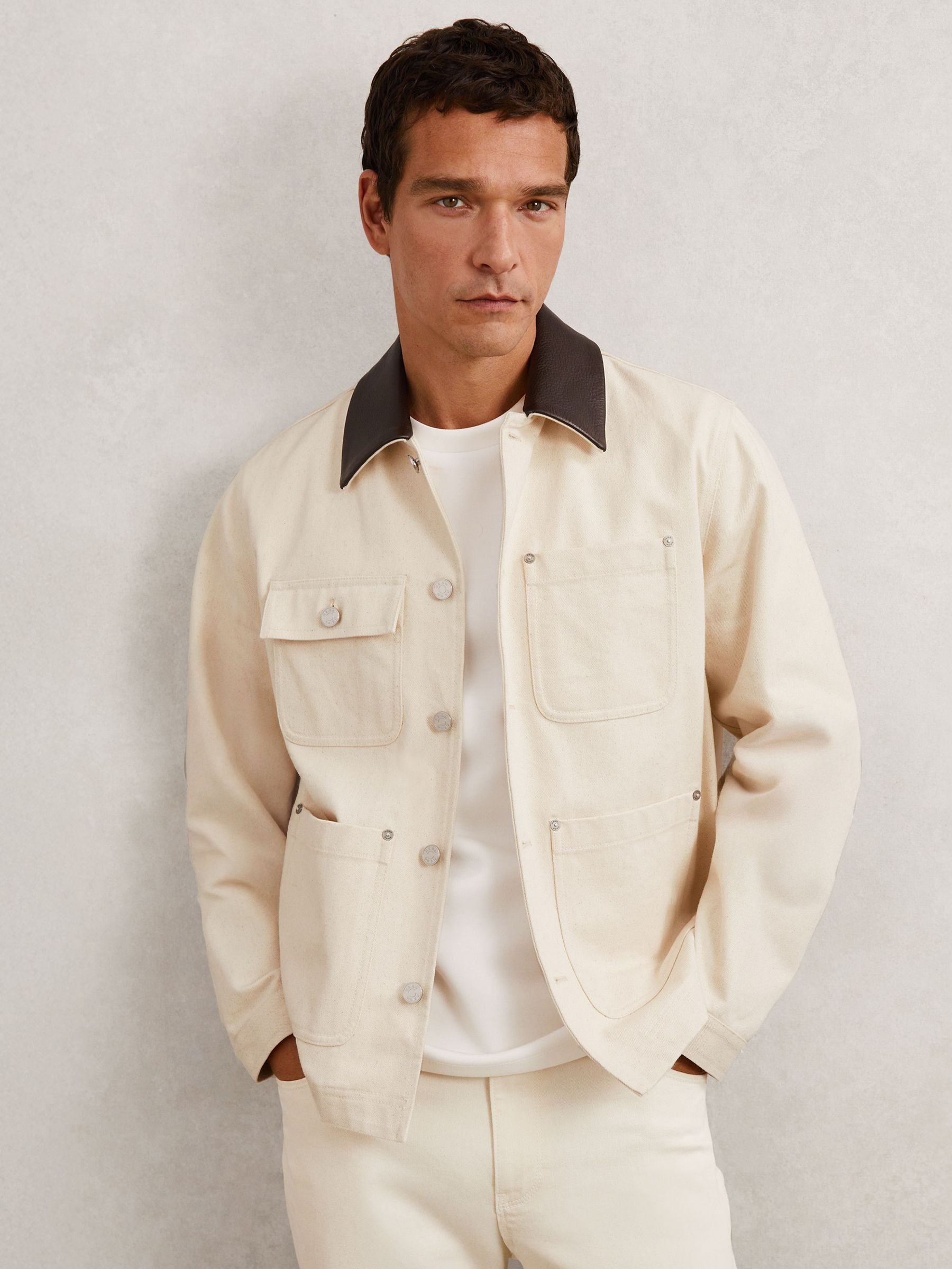 Denim Leather-Collar Worker Jacket in Off White (W72777) | $298