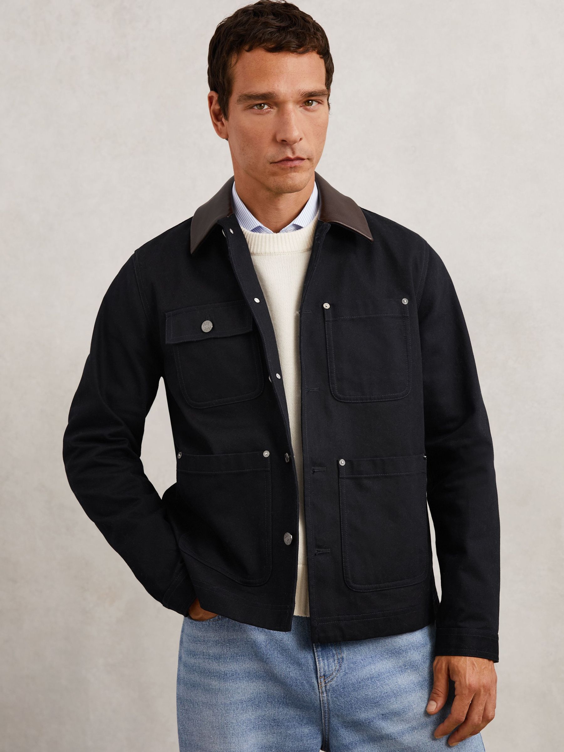 Denim Leather-Collar Worker Jacket in Indigo Blue (W72798) | $298