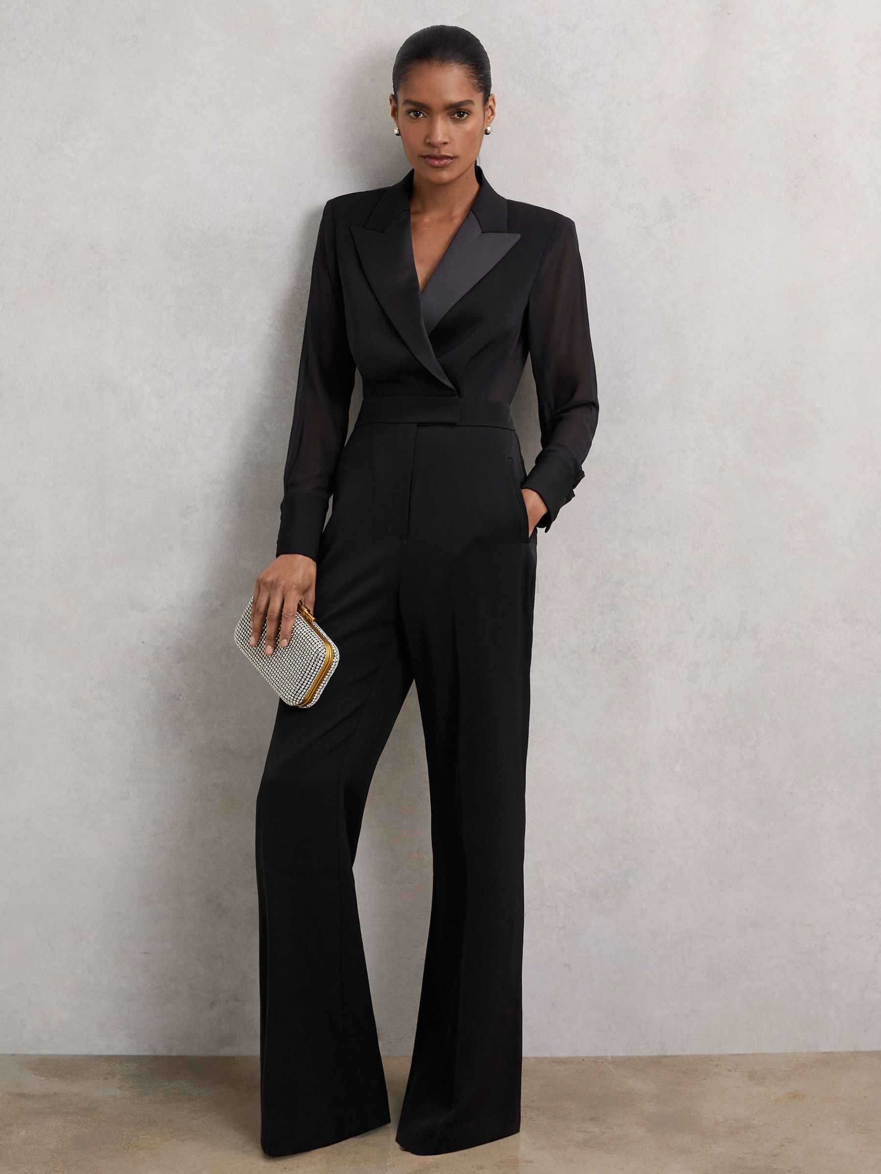Sheer-Sleeve Tuxedo Jumpsuit in Black (W72800) | 1,490 SAR