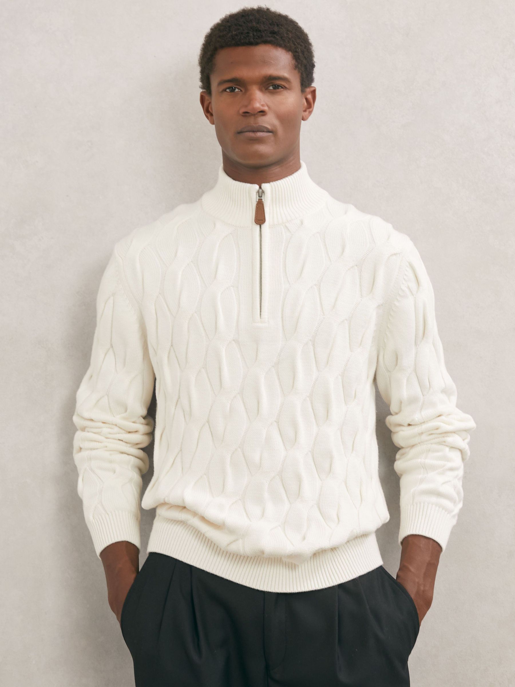 Half-Zip Cable-Knit Jumper with Wool in Winter White (W72801) | $250