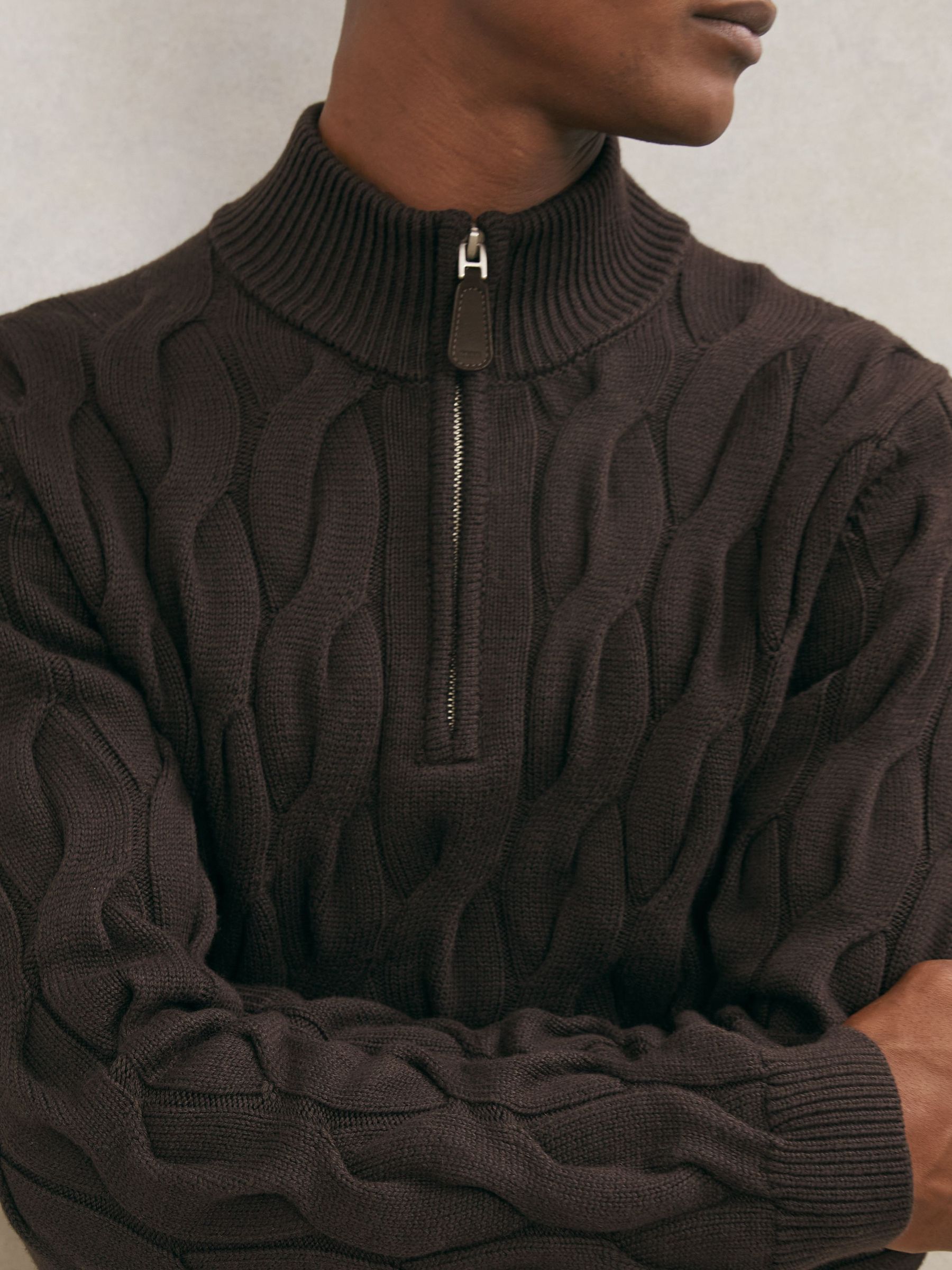 Half-Zip Cable-Knit Jumper with Wool in Chocolate Brown (W72805) | $250