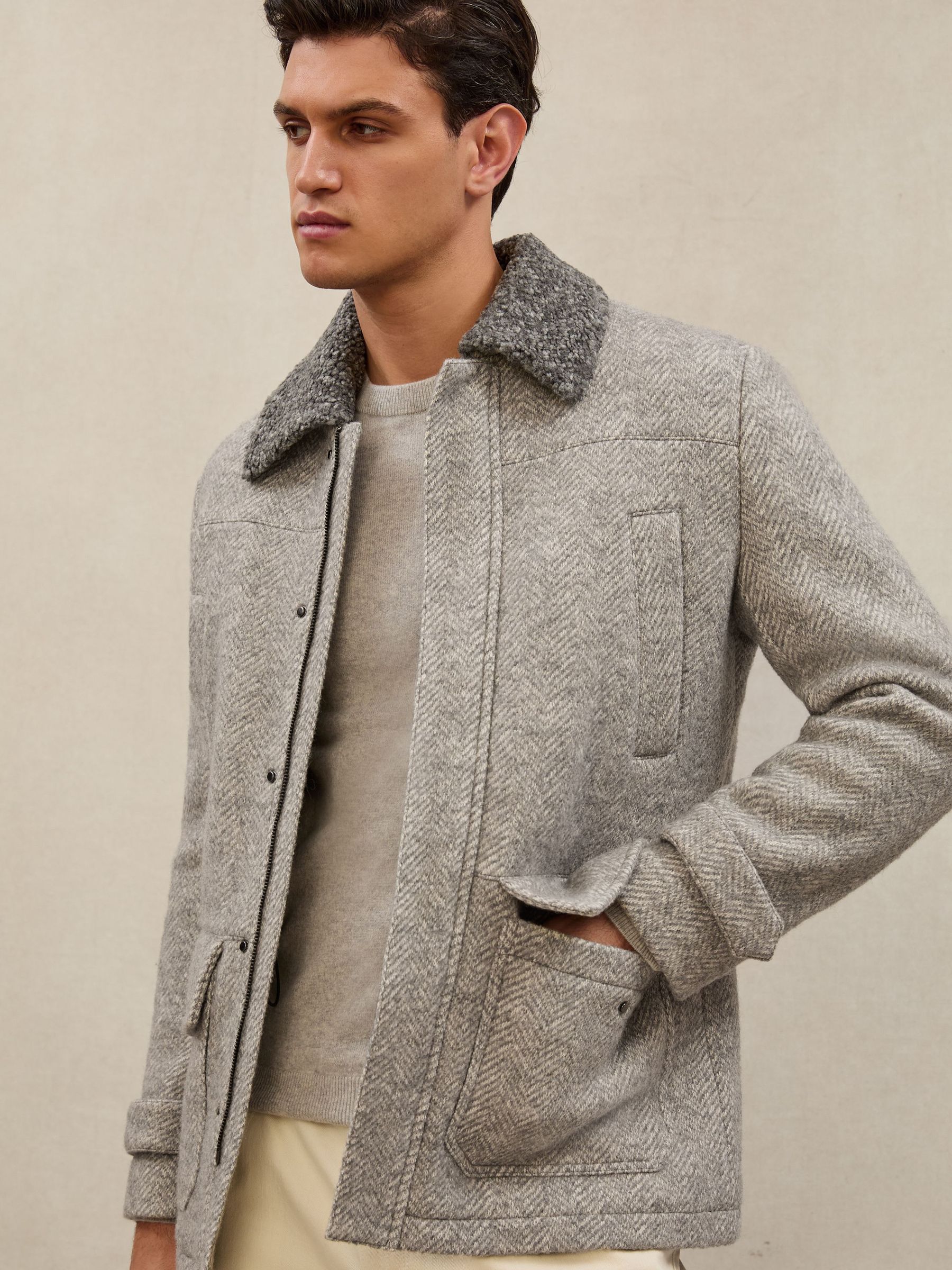 Wool-Cotton Herringbone Jacket in Grey (W74650) | $1,190