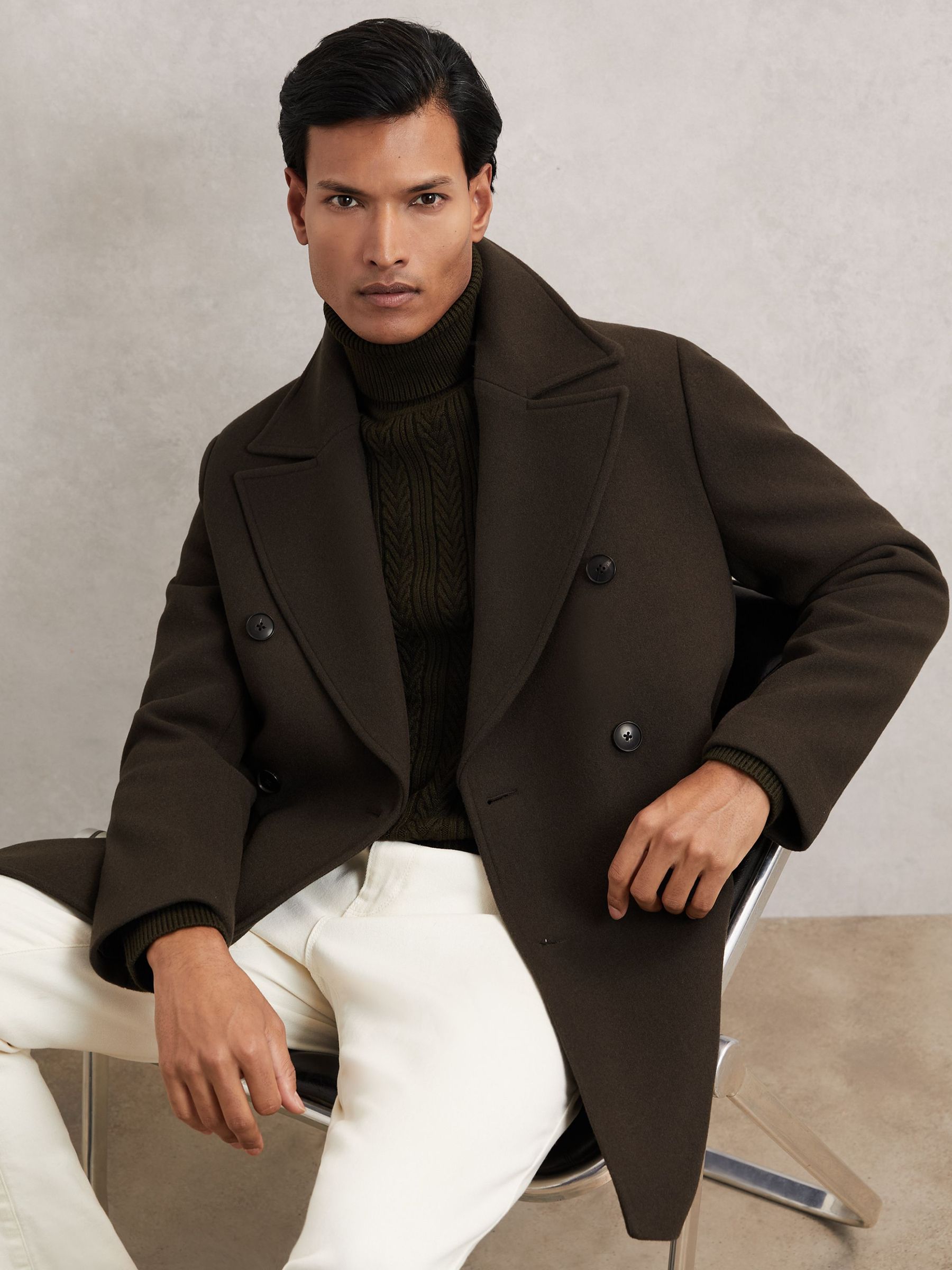 Mandarin Collar Wool Stand Collar Coat Reiss Brown Wool-Blend