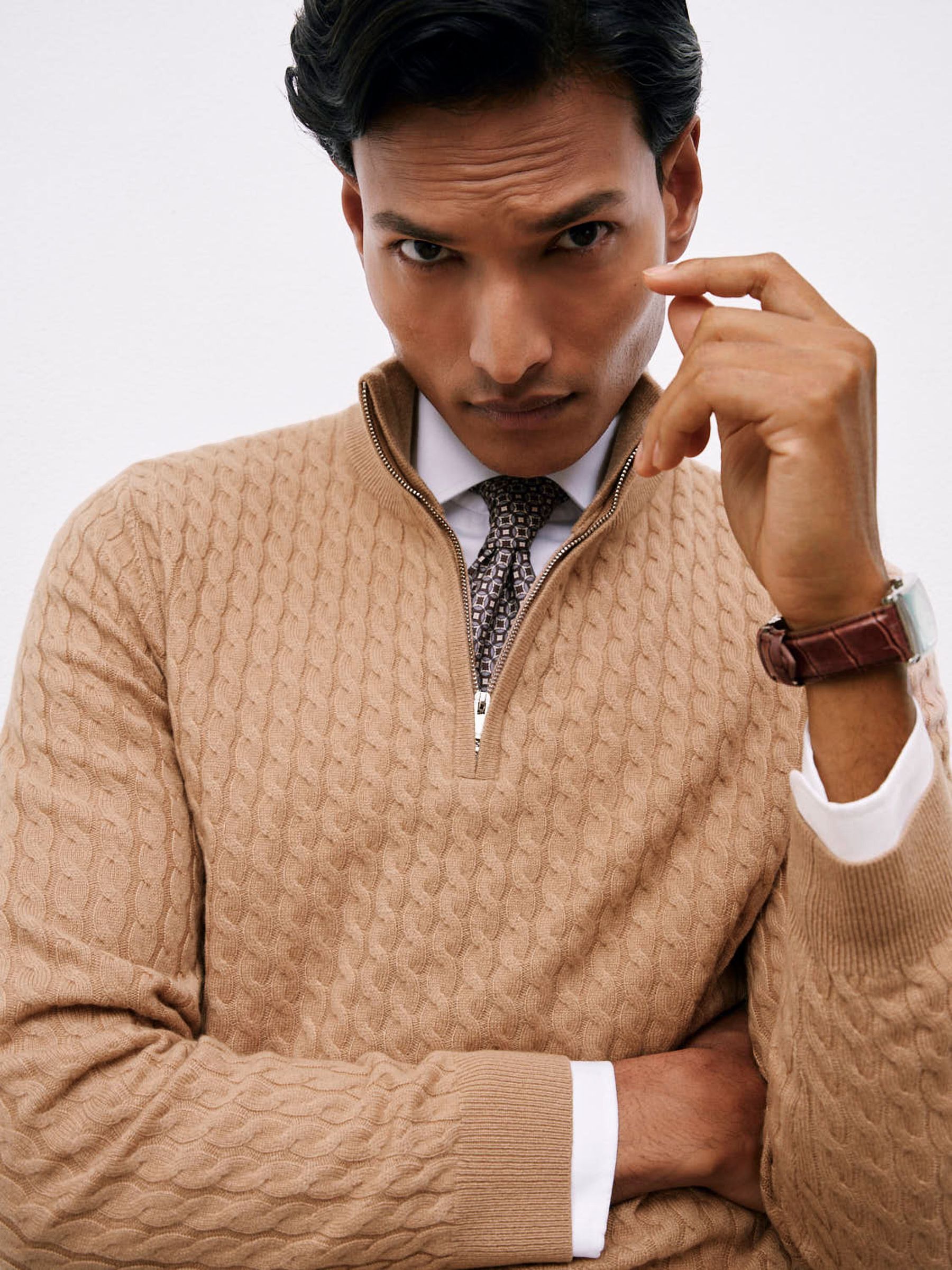 Atelier 100% Cashmere Cable Zip Jumper in Camel Brown (W74849) | CA$425