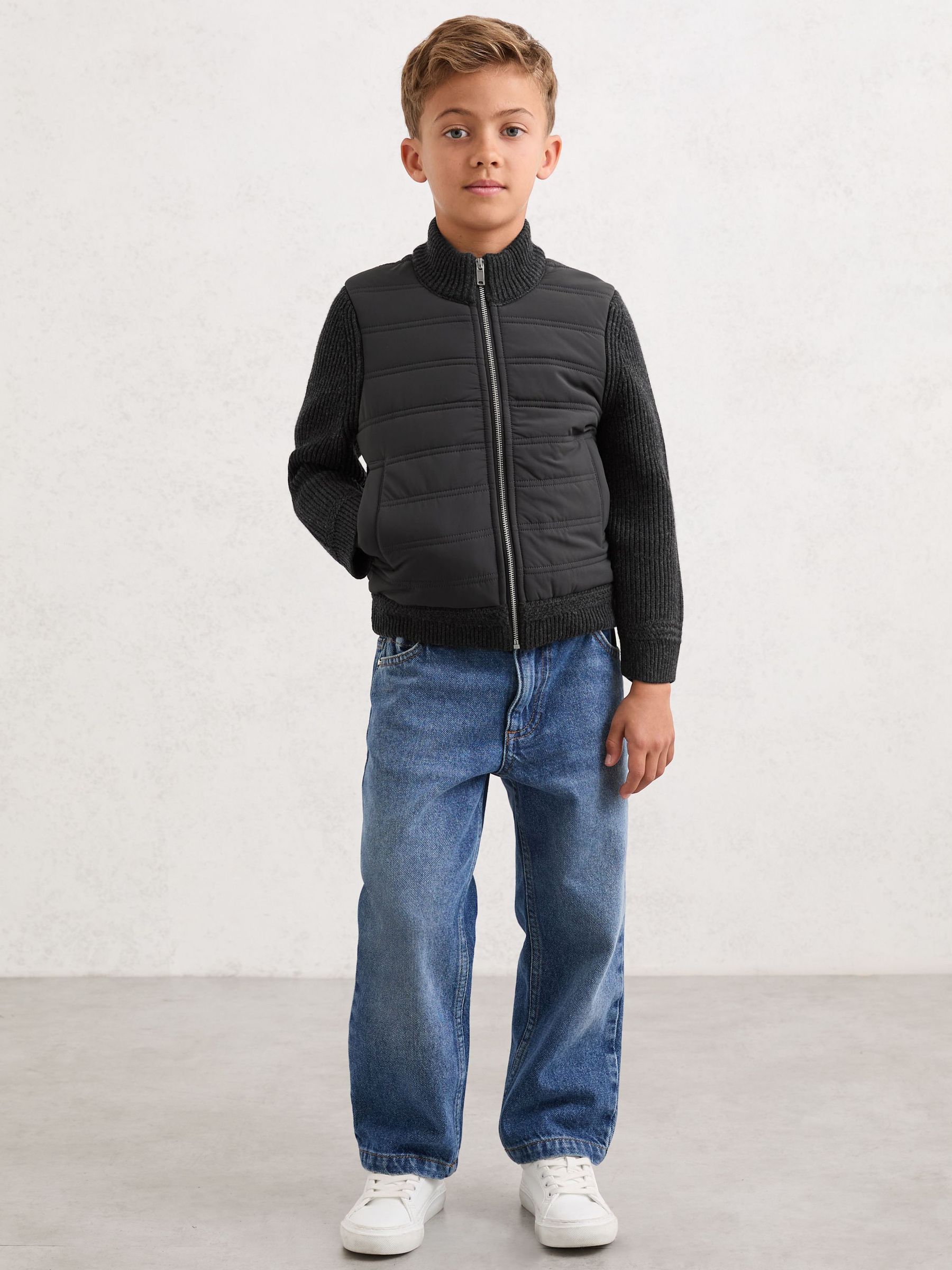 3-9 yrs Hybrid Quilt and Knit Zip-Through Jacket in Charcoal Melange (W74922) | $95