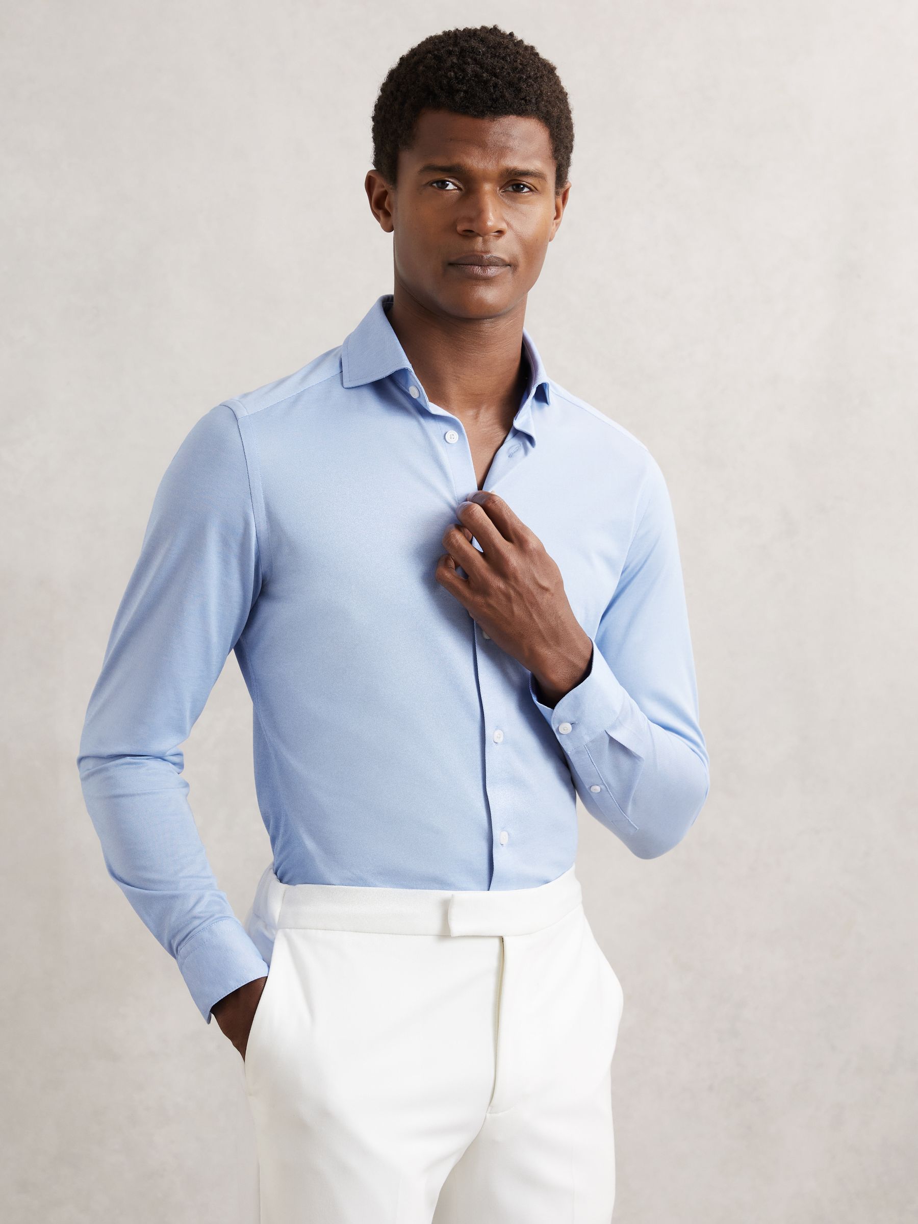 Cotton-Blend Jersey Cutaway-Collar Shirt in Soft Blue (W74939) | CA$190