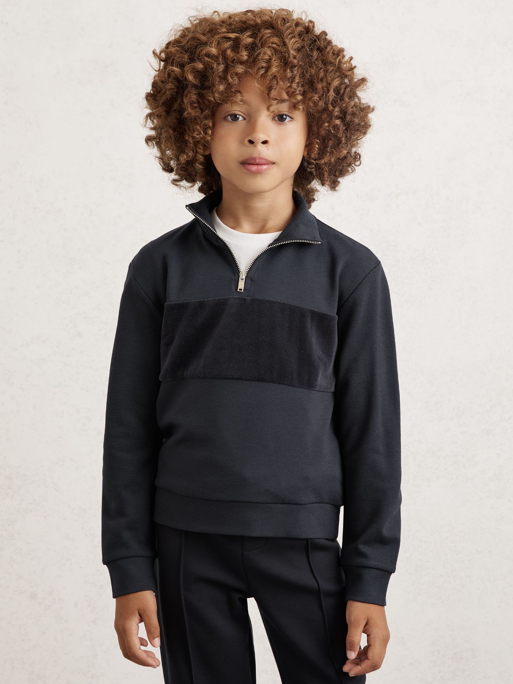 3-9 yrs Slim Fit Half-Zip Funnel Neck Velour Sweatshirt in Navy Blue (W74944) | €50