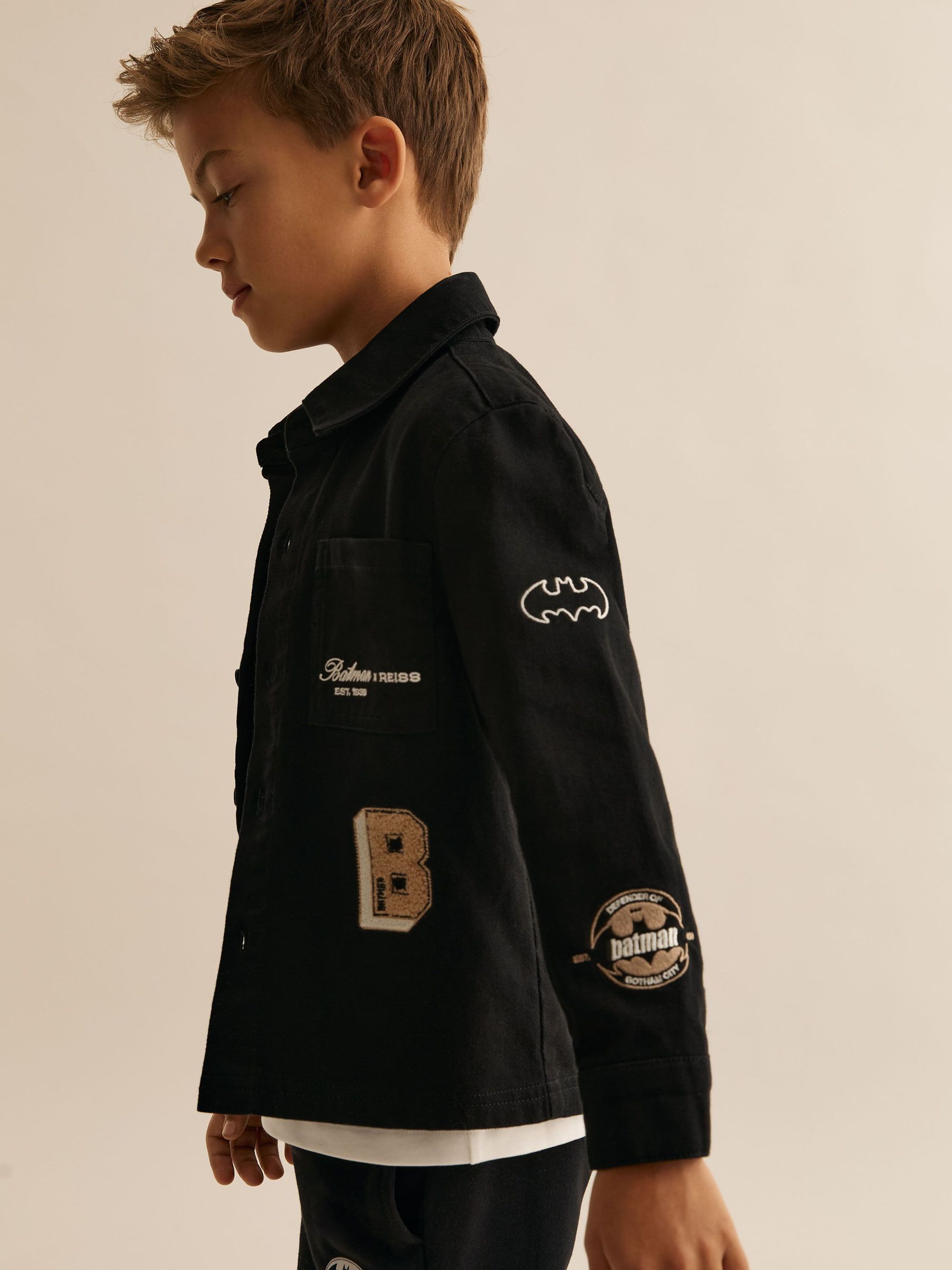 3-9 yrs Batman | Reiss Cotton Badge Overshirt in Black (W74951) | $80