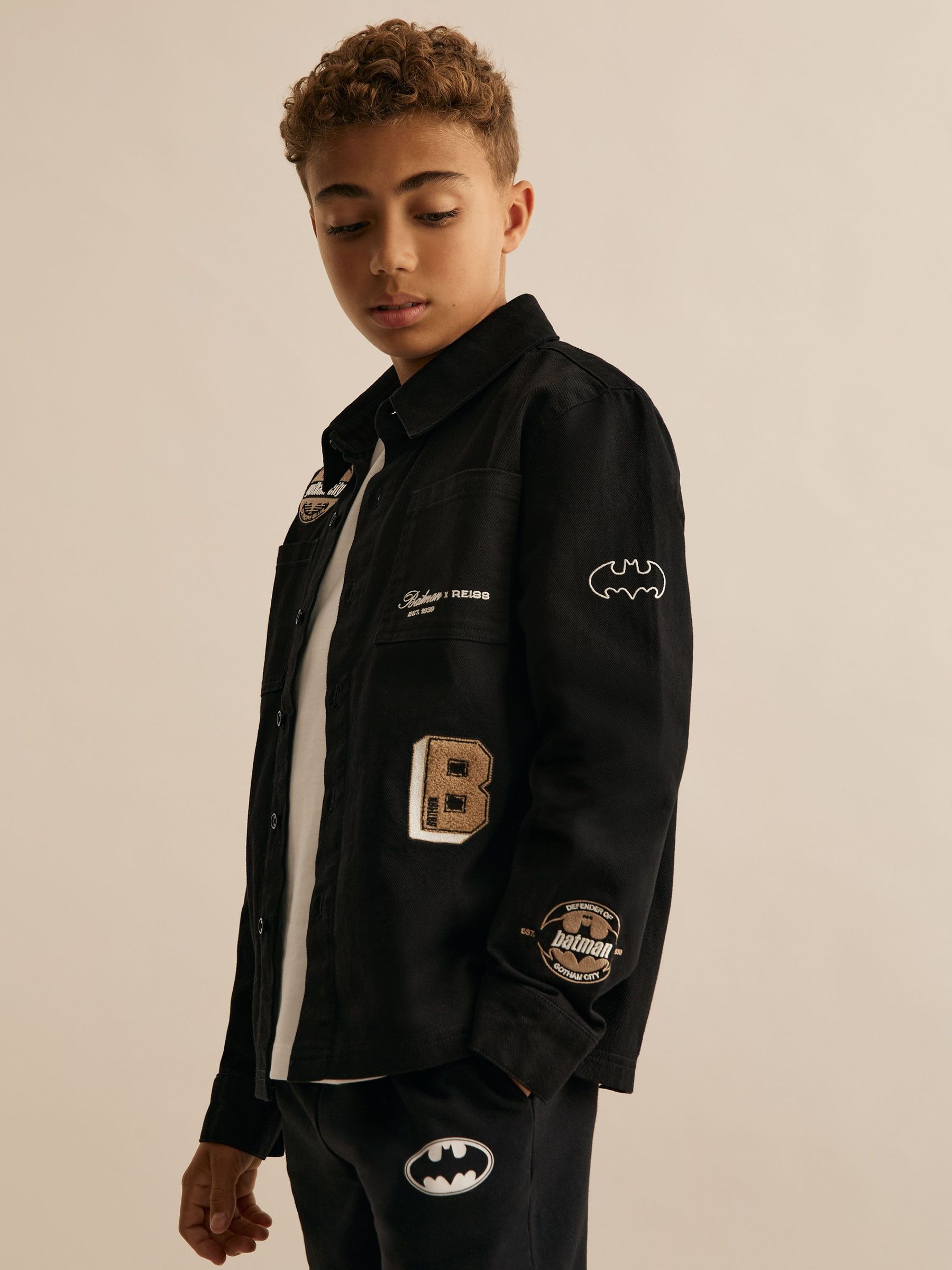 9-13 yrs Batman | Reiss Cotton Badge Overshirt in Black (W74959) | $95