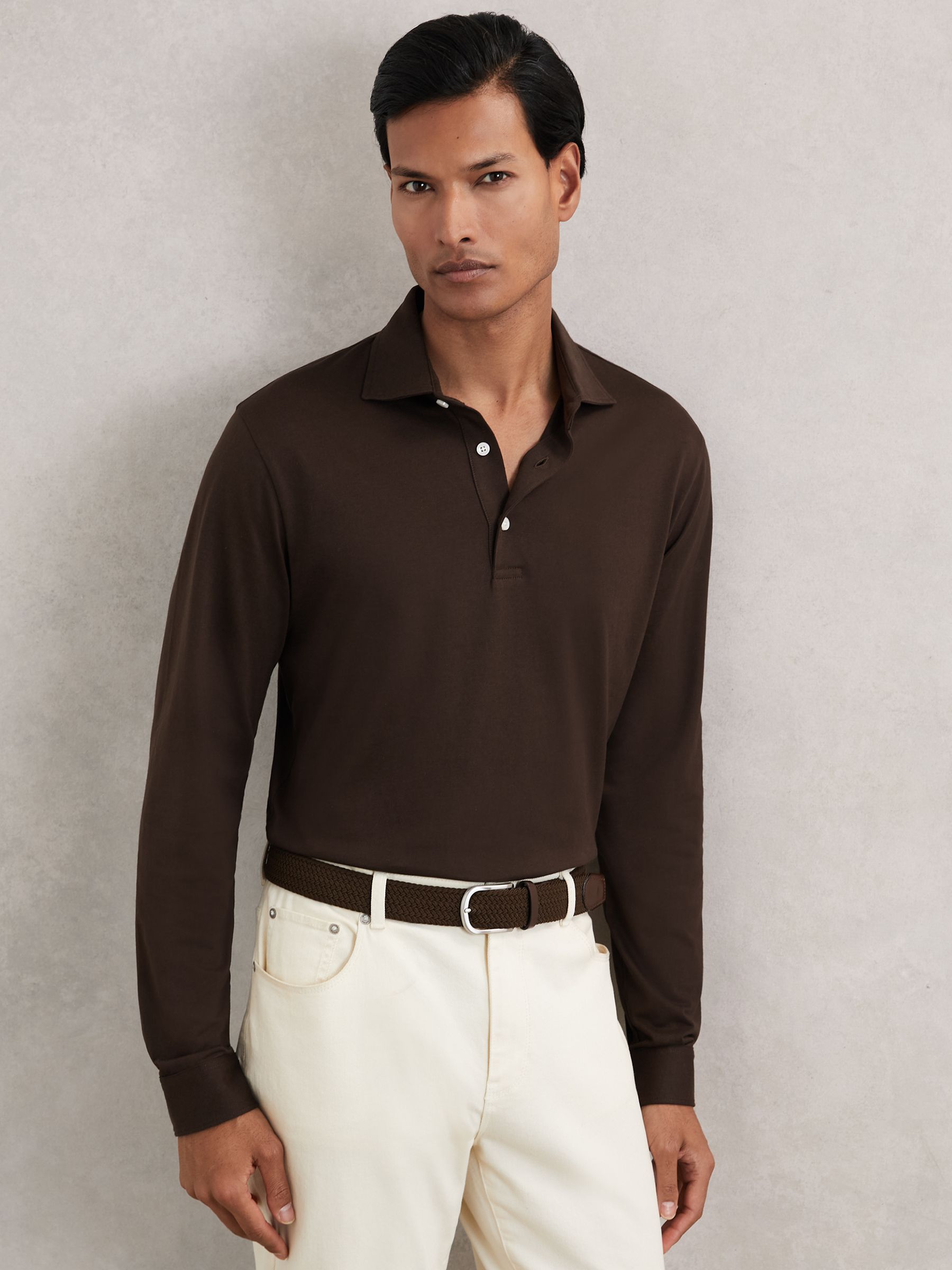 Cotton-Jersey Long Sleeve Polo Shirt in Brown (W75064) | SGD 200