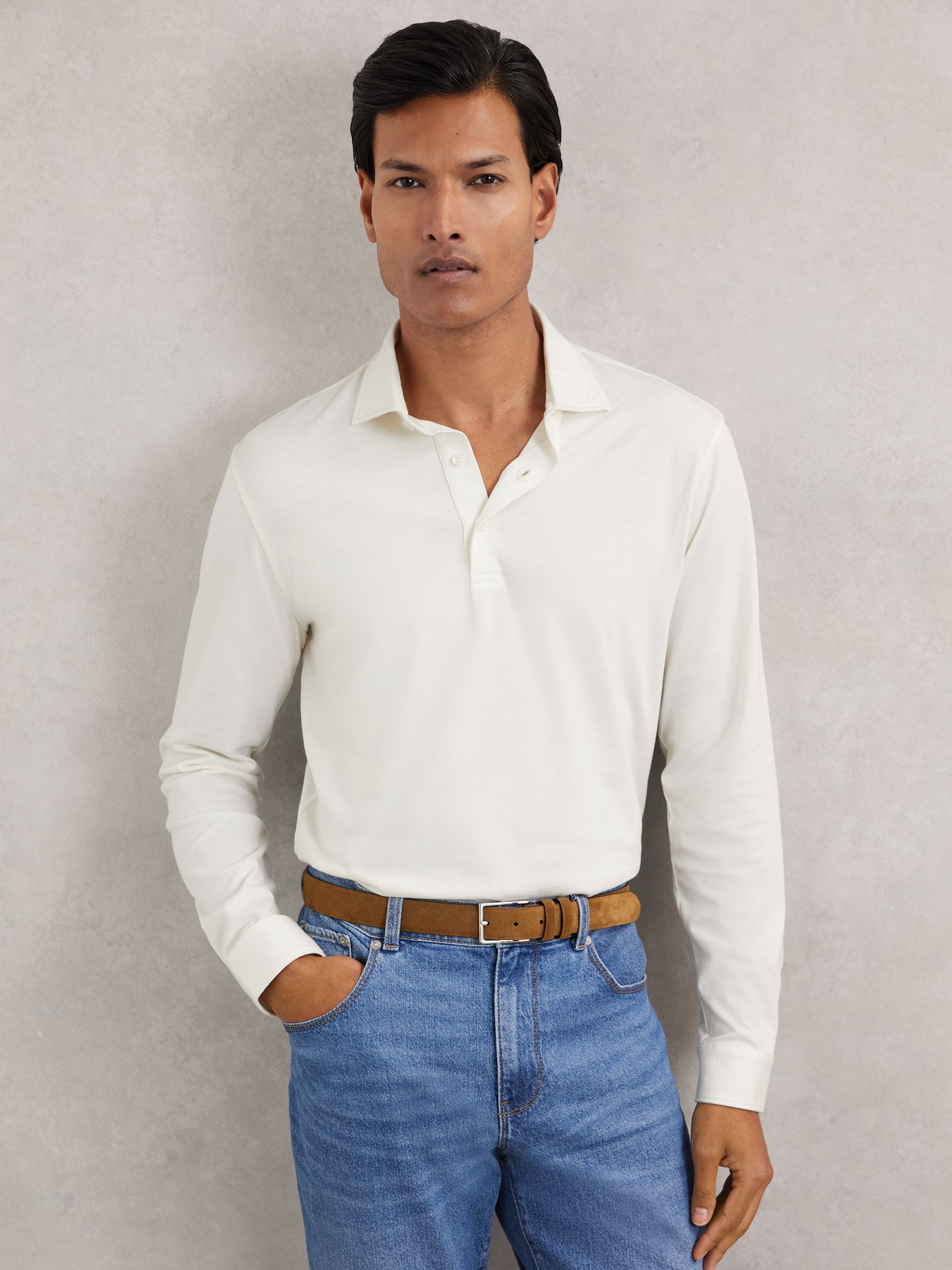 Cotton-Jersey Long Sleeve Polo Shirt in White (W75066) | 535 QAR