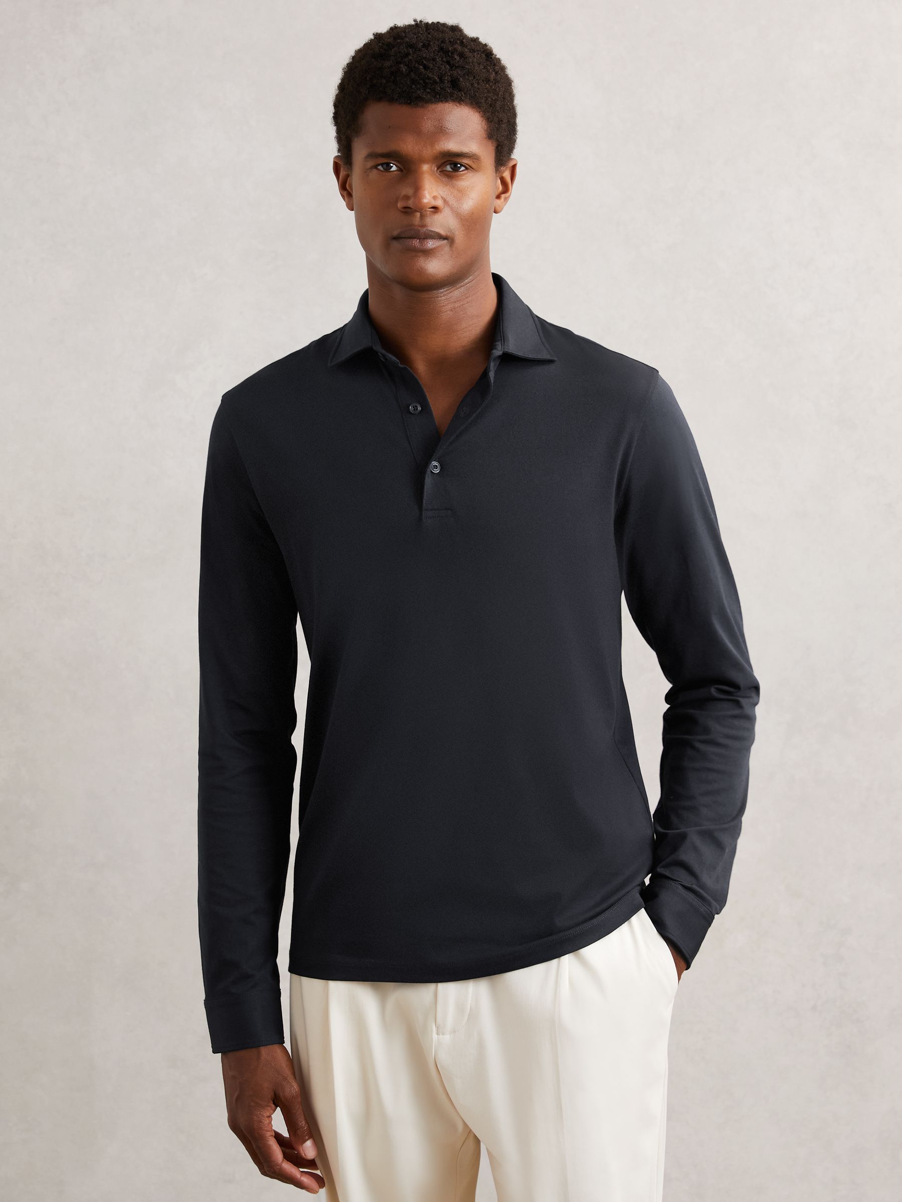 Cotton-Jersey Long Sleeve Polo Shirt in Navy (W75068) | SGD 200