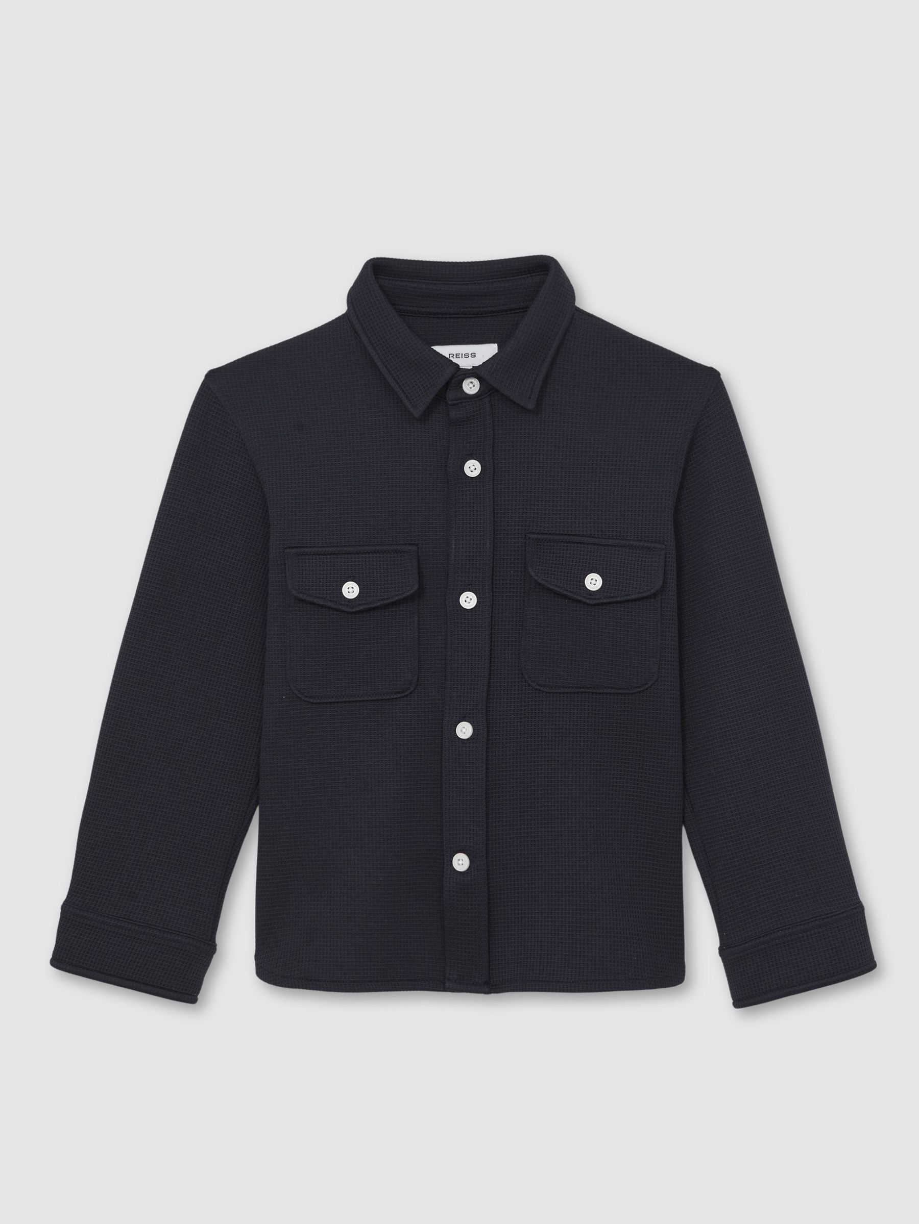 13-14 yrs Waffle-Textured Twin-Pocket Overshirt in Navy (W75097) | $90
