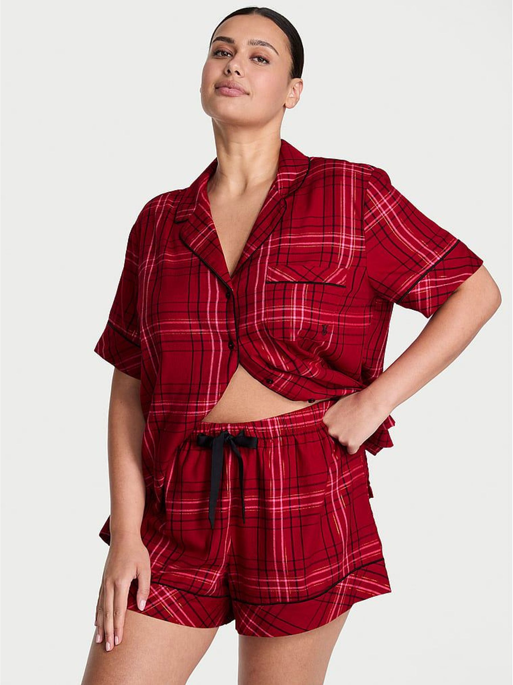 Red Laquer Tartan Flannel Short Pyjamas Set (W75410) | €63