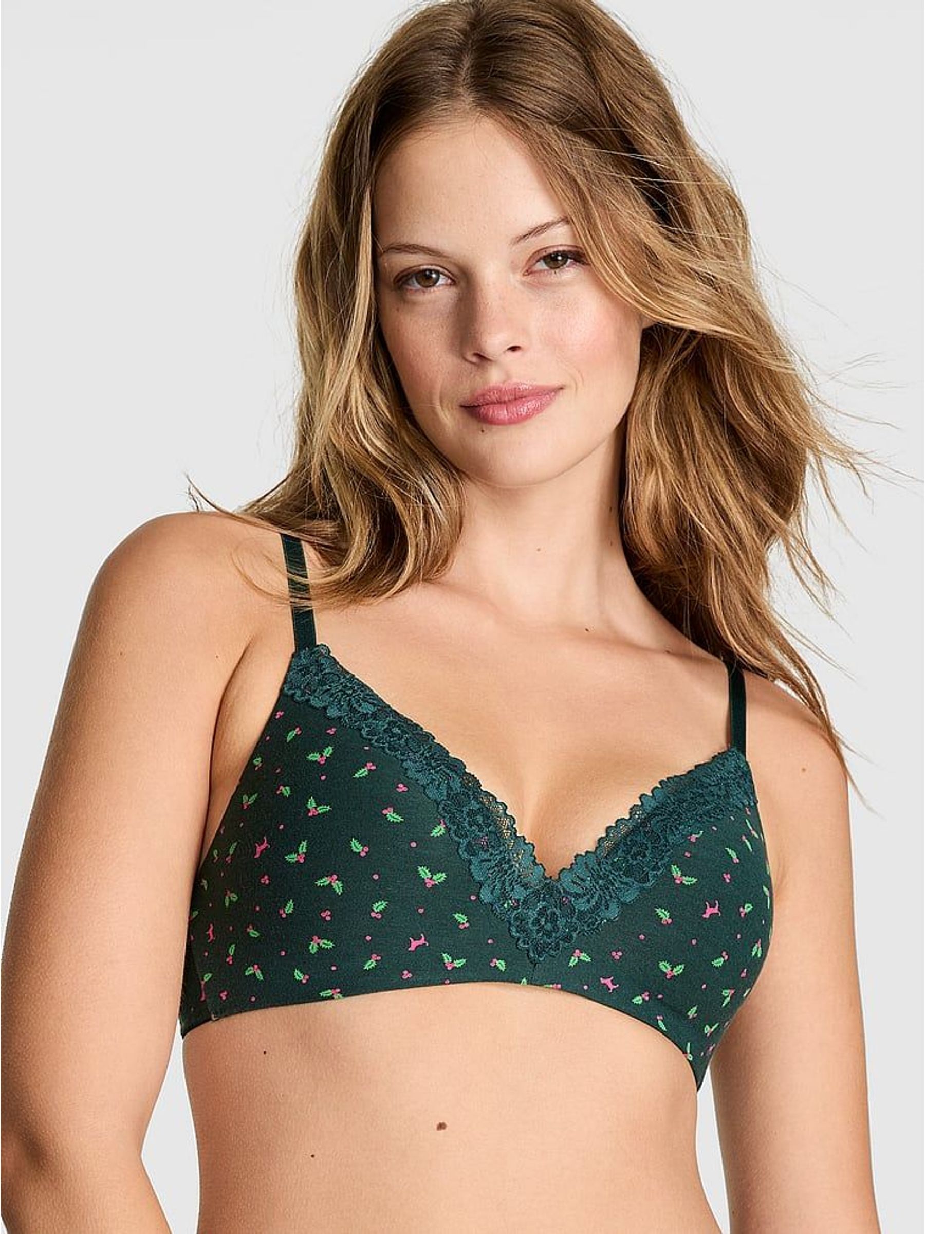 Deep Forest Green Christmas Holly Print Non Wired Lightly Lined Cotton Heather Lace Trim Bra (W75424) | €37