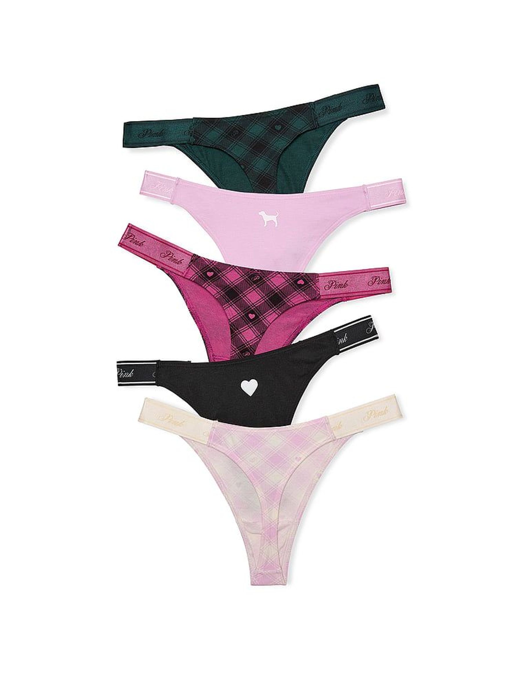 Pink/Green/Black Tartan Print Thong 5 Pack Logo Knickers (W75439) | €37