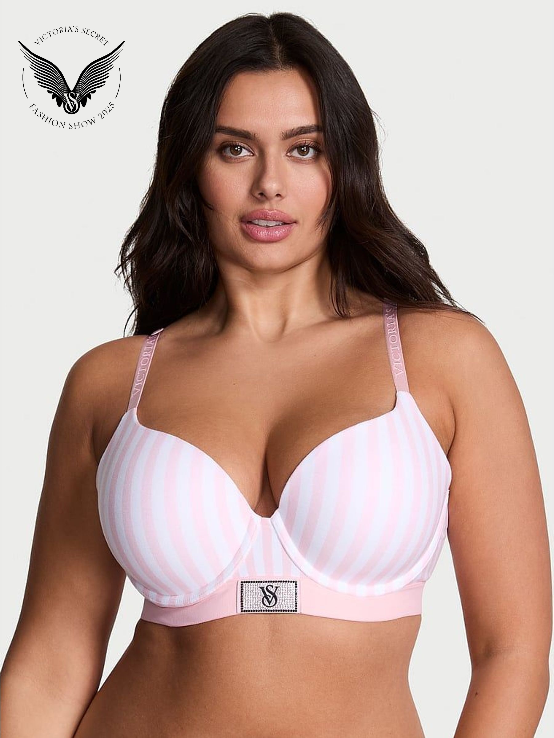 Pink Stripe Full Cup Push Up Logo Shine Patch Bra (W75448) | €51