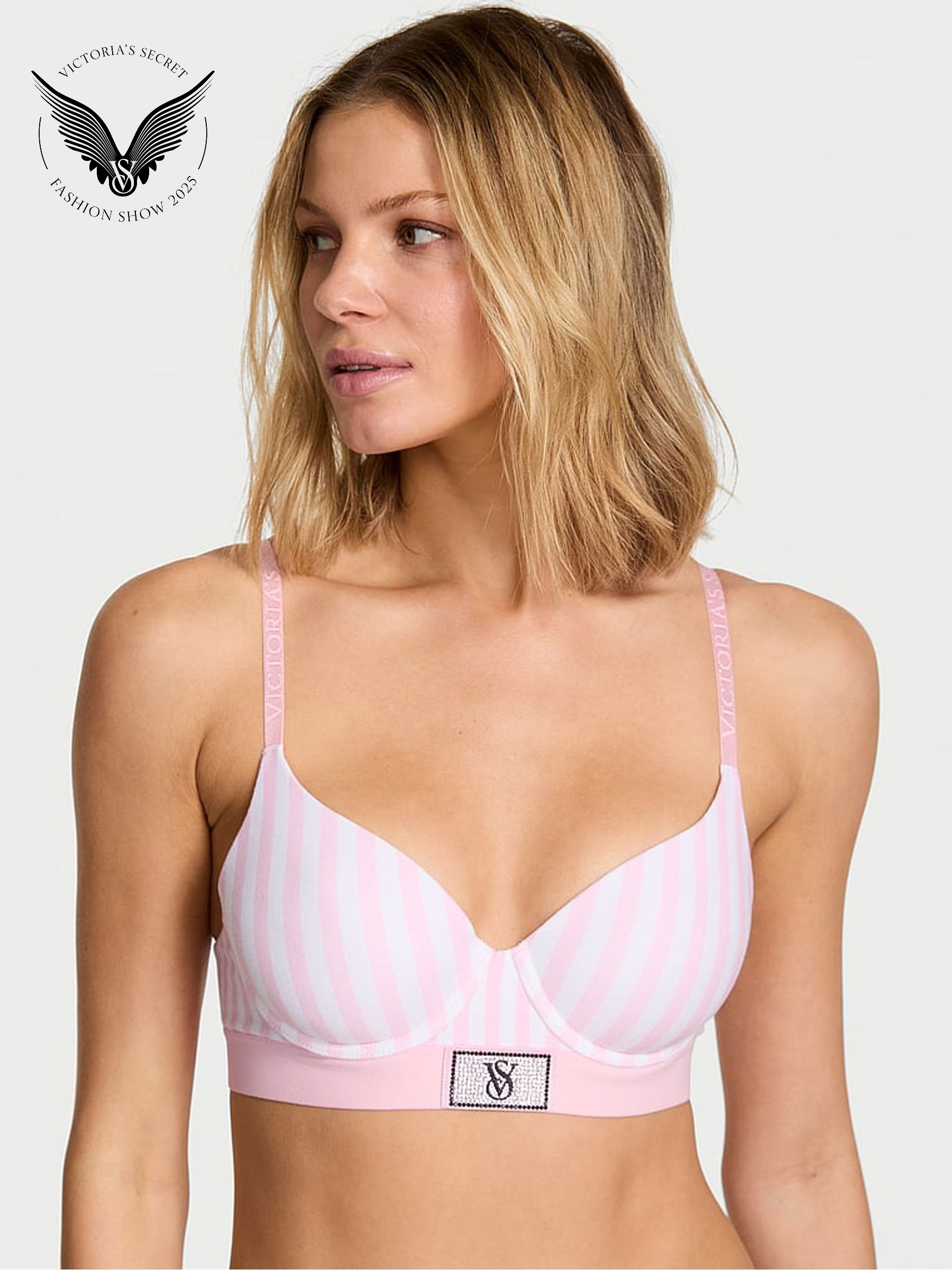 Pink Stripe Lightly Lined Demi Logo Shine Patch Bra (W75503) | €77