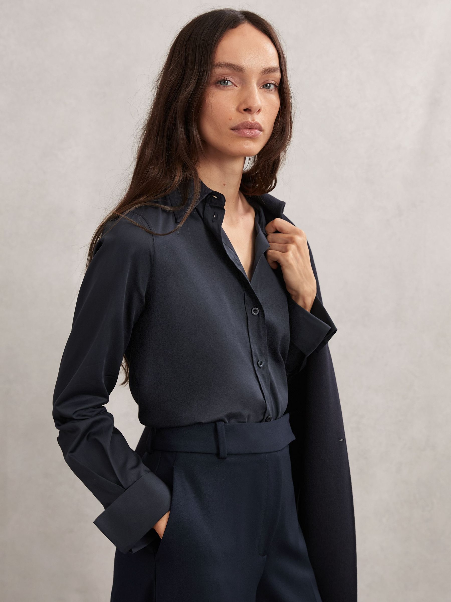 Cotton-Sateen Folded-Cuff Shirt in Navy (W77792) | $250