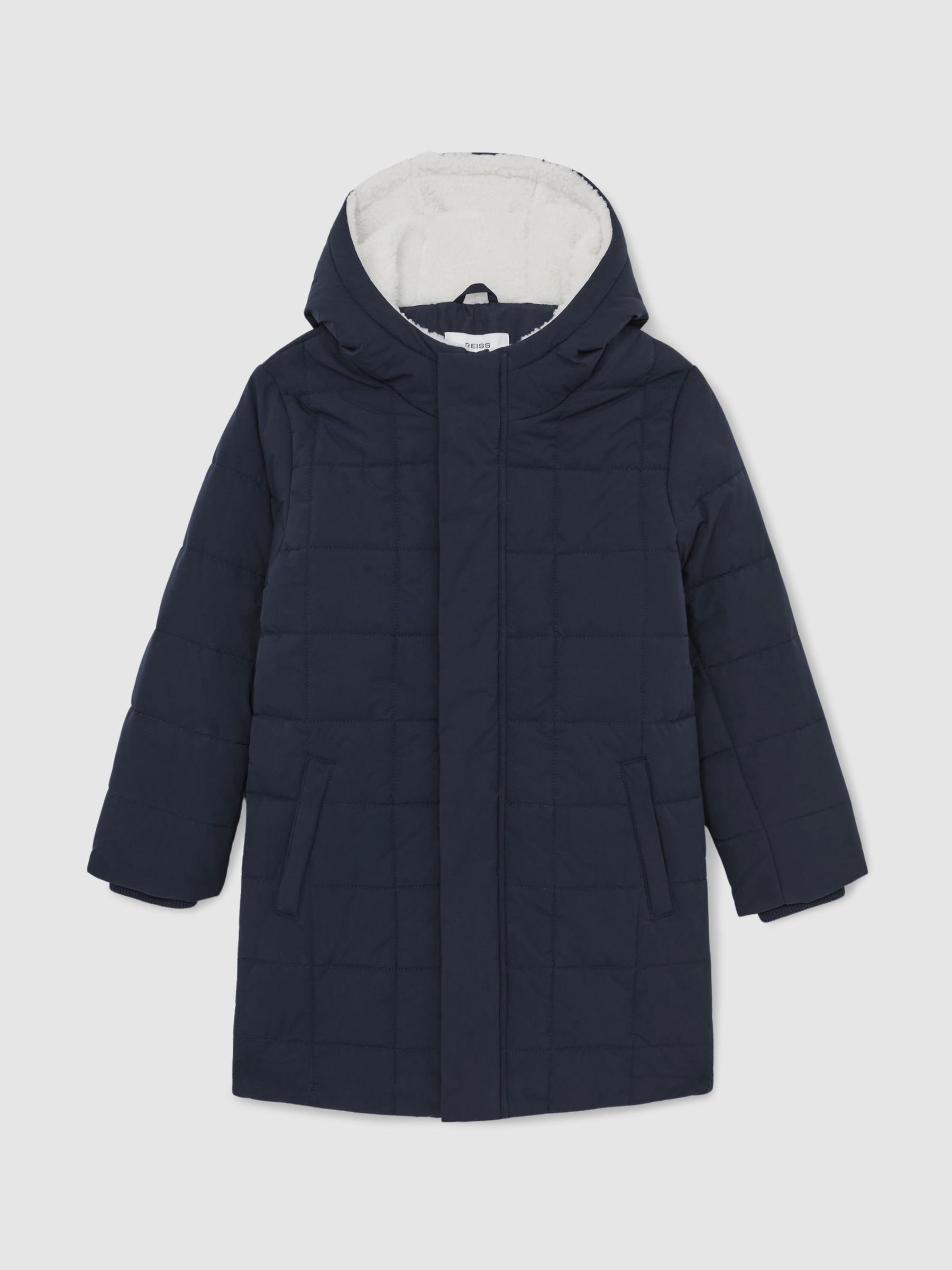 Fleece-Trim Hooded Puffer Jacket in Navy (W77806) | $170