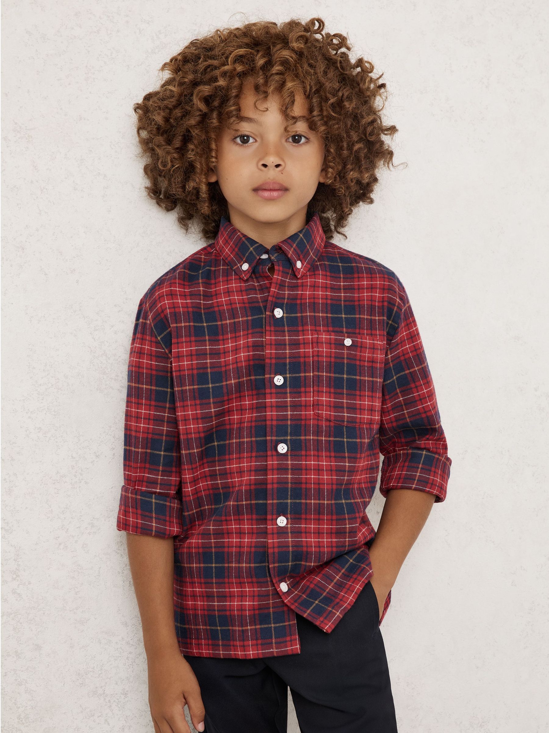Cotton Button-Through Tartan Shirt in Red/Navy Blue (W77809) | 230 QAR