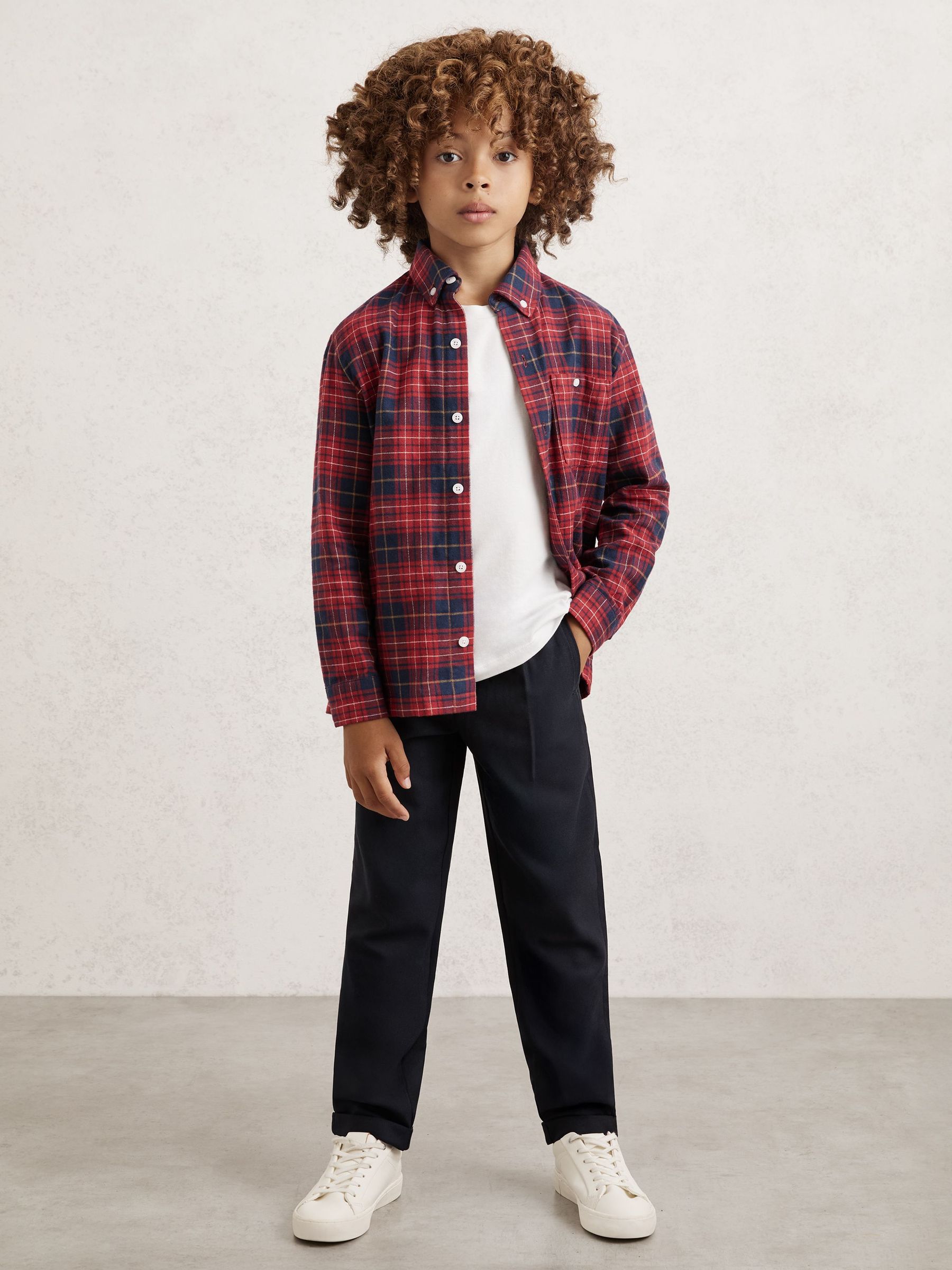 Cotton Button-Through Check Shirt in Red/Navy Blue (W77818) | 255 QAR