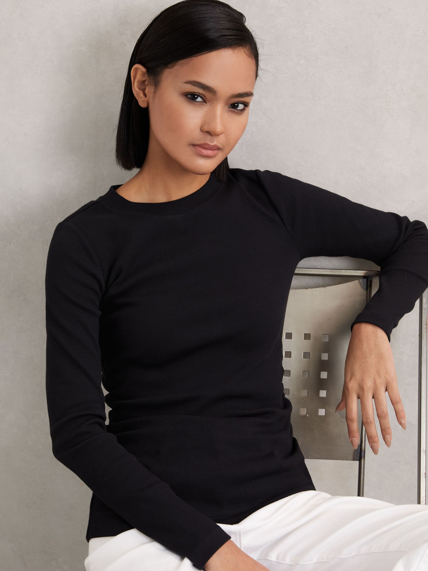 Cotton Long-Sleeve Ruched T-Shirt with Stretch in Black (W77827) | CA$95