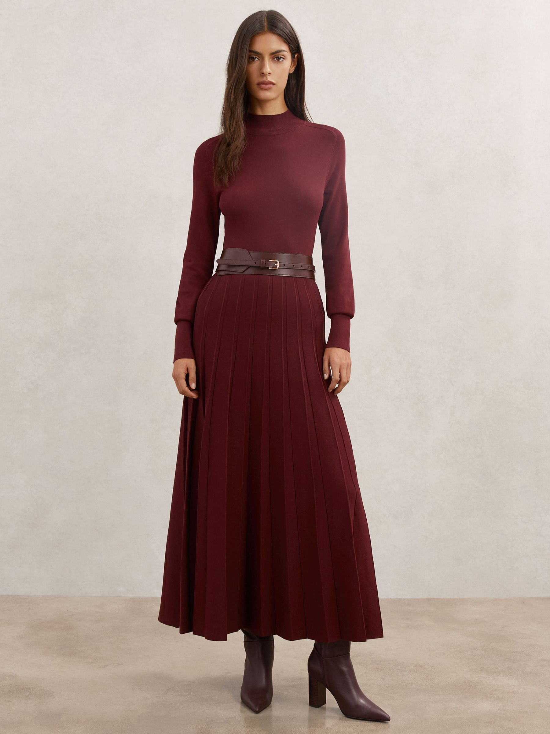Belted Knit Pleated Midi Dress in Raspberry Red (W78440) | CA$495