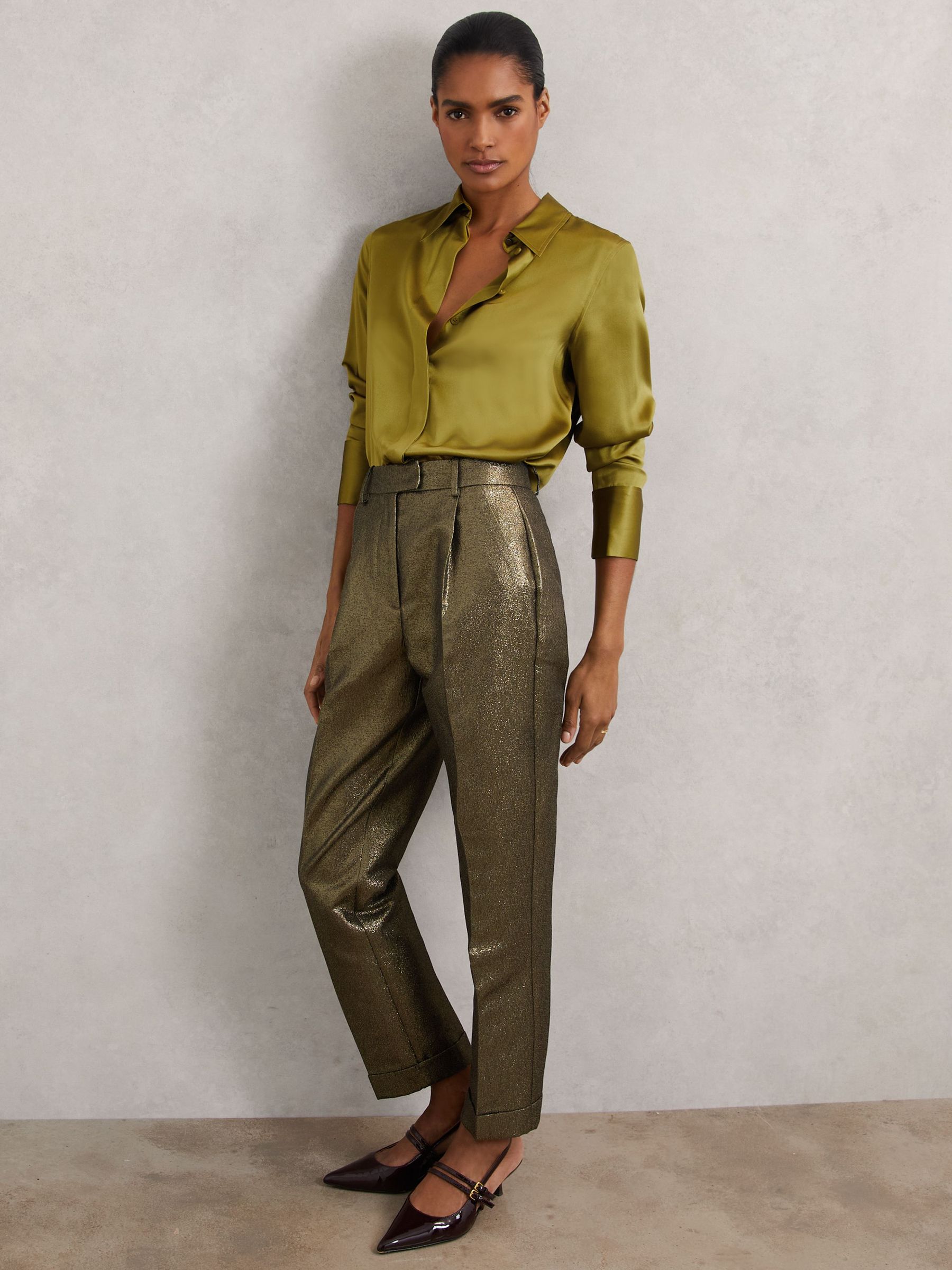 Petite Tapered Metallic Suit Trousers with Cotton in Gold (W78454) | 710 QAR