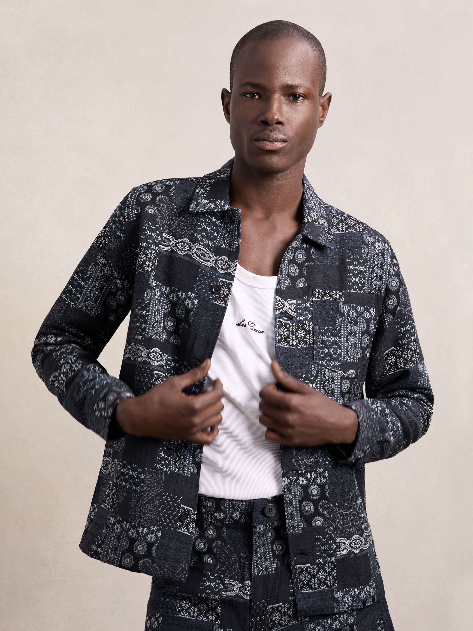 Les Deux Jacquard Denim Overshirt in Denim Blue (W78463) | $280