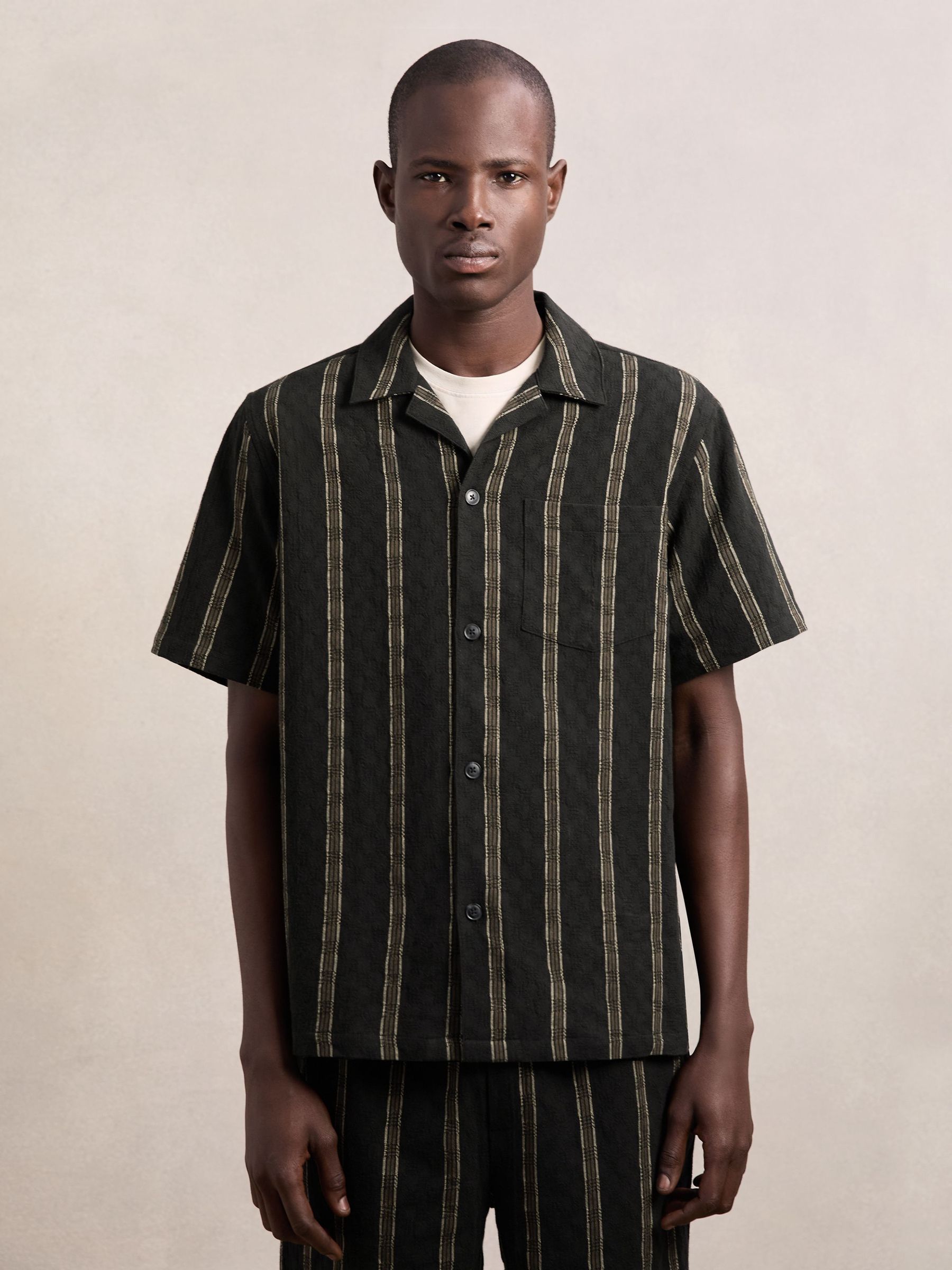 Les Deux Cotton Textured Stripe Shirt in Black (W78465) | $170