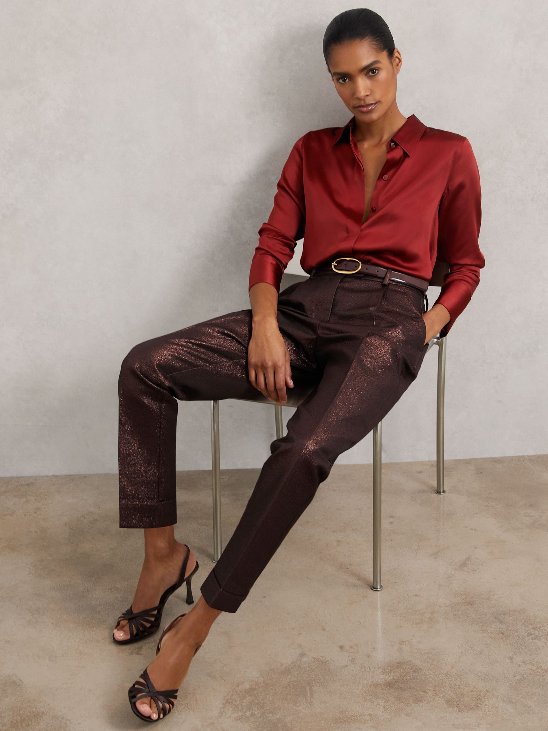 Petite Tapered Metallic Suit Trousers with Cotton in Burgundy (W78468) | 710 QAR