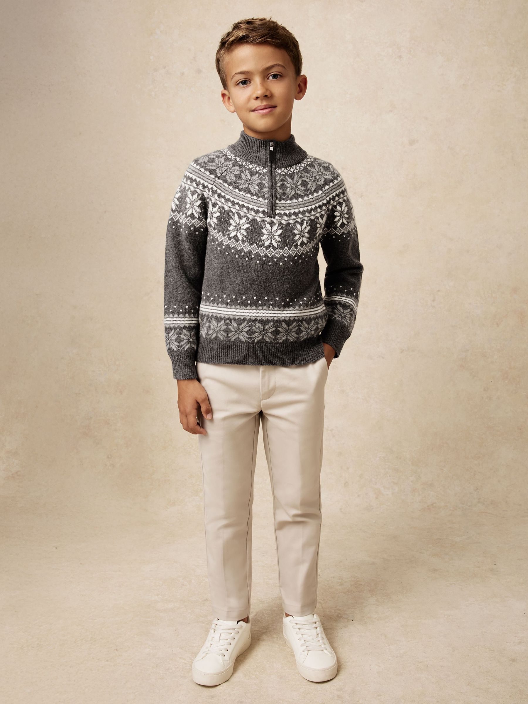 9-13 yrs Fair Isle Half-Zip Jumper with Wool in Dark Grey/Off White (W78557) | $80