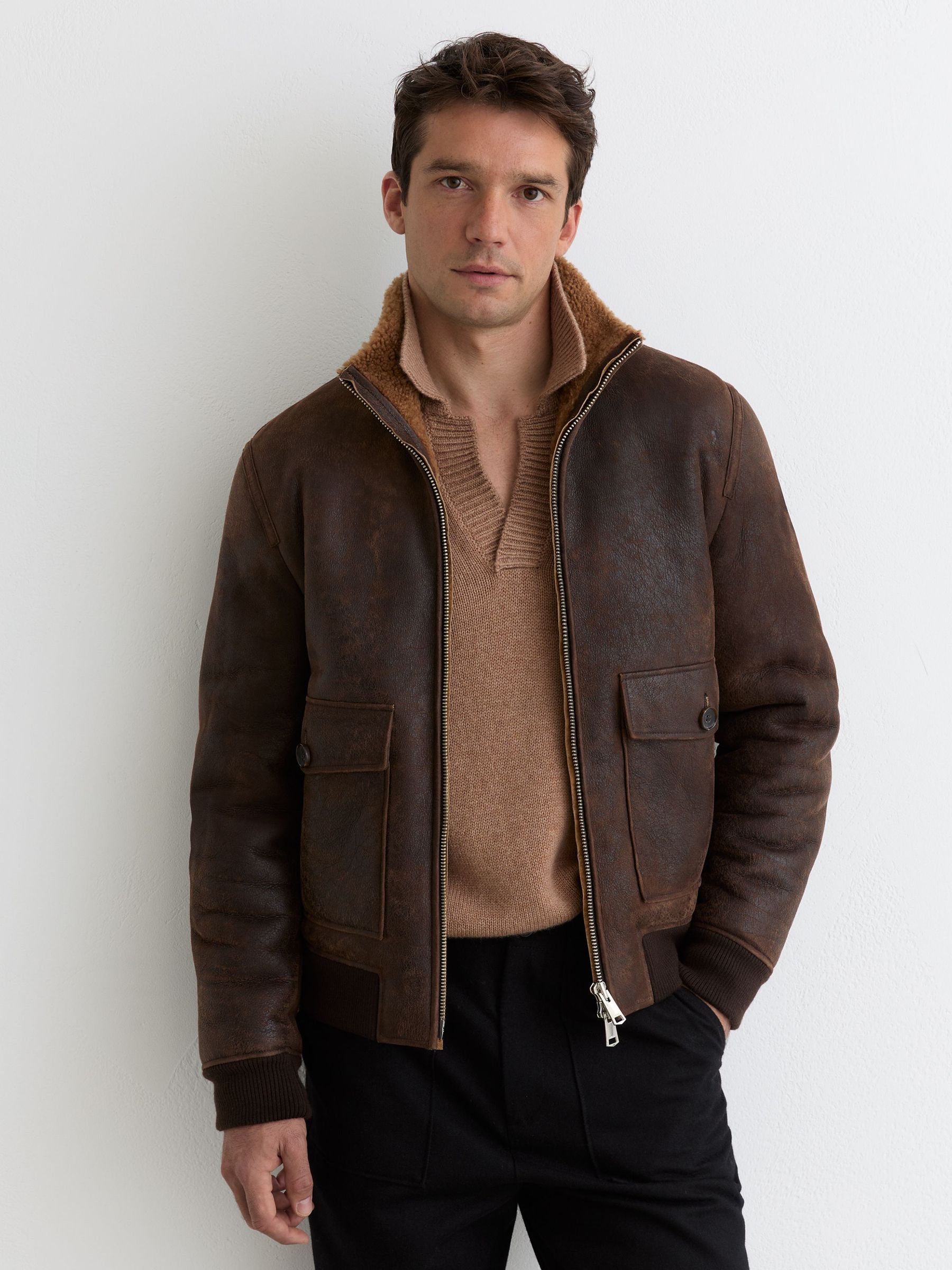 Shearling Zip-Through Leather Jacket in Brown (W78567) | DKK12.210