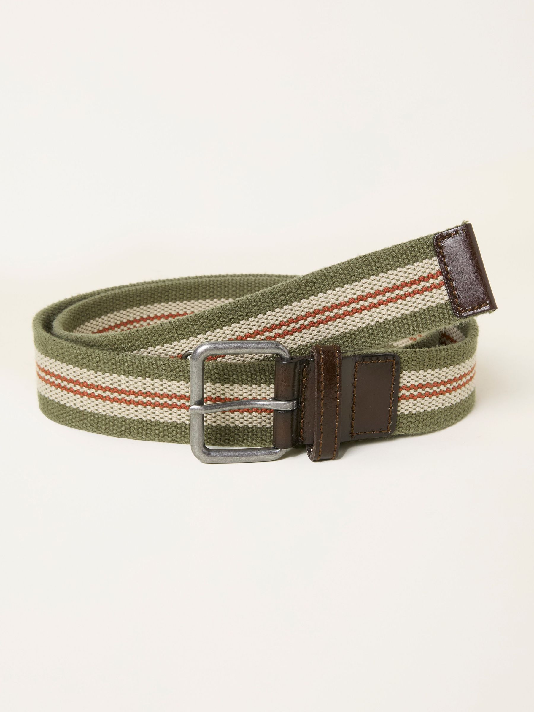Finn Khaki Green Stripe Webbing Belt (W79772) | $34