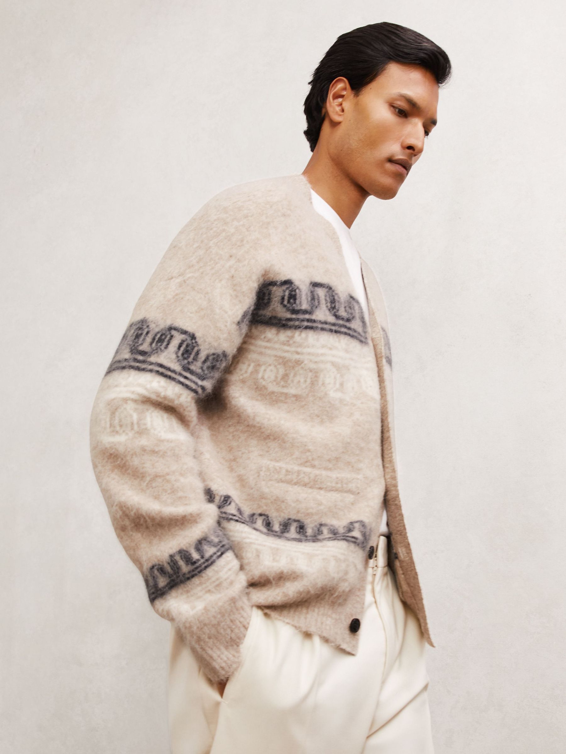 Wool Blend Fairisle Pattern Cardigan in Oatmeal (W83997) | $295