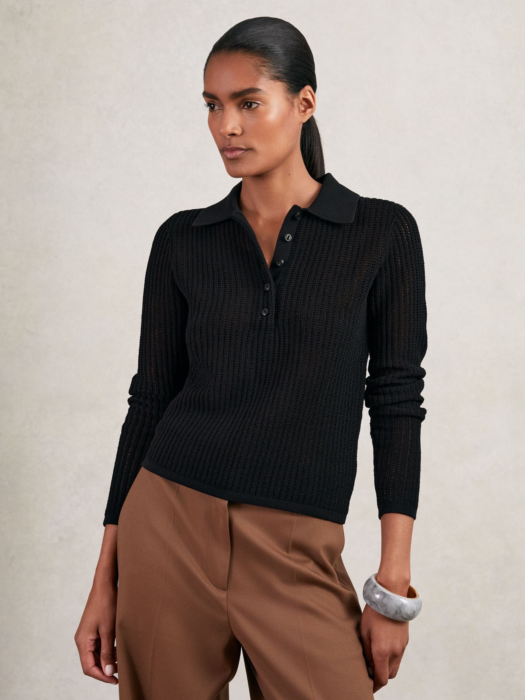 Open-Knit Long-Sleeve Polo Top in Black (W84228) | DKK1,225