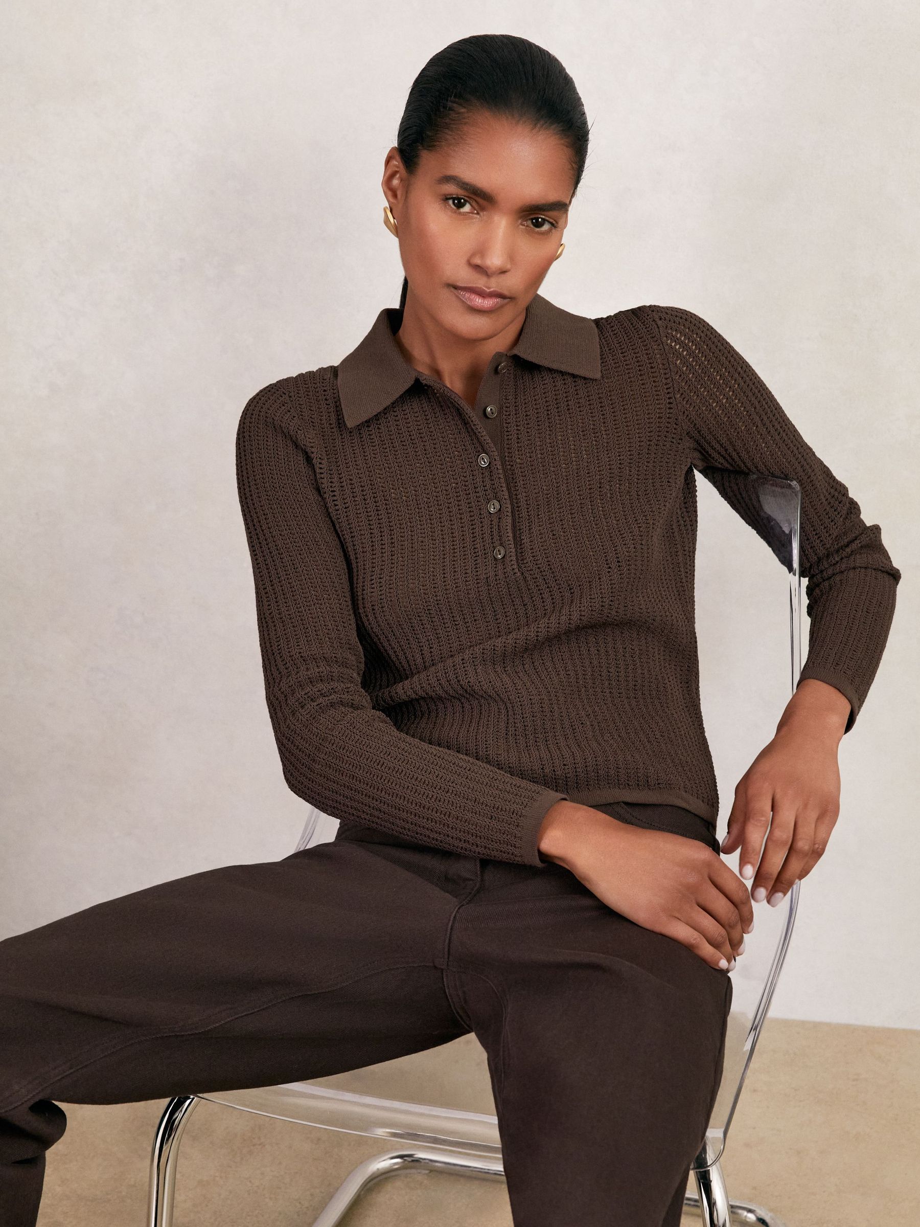 Open-Knit Long-Sleeve Polo Top in Chocolate Brown (W84229) | DKK1,225