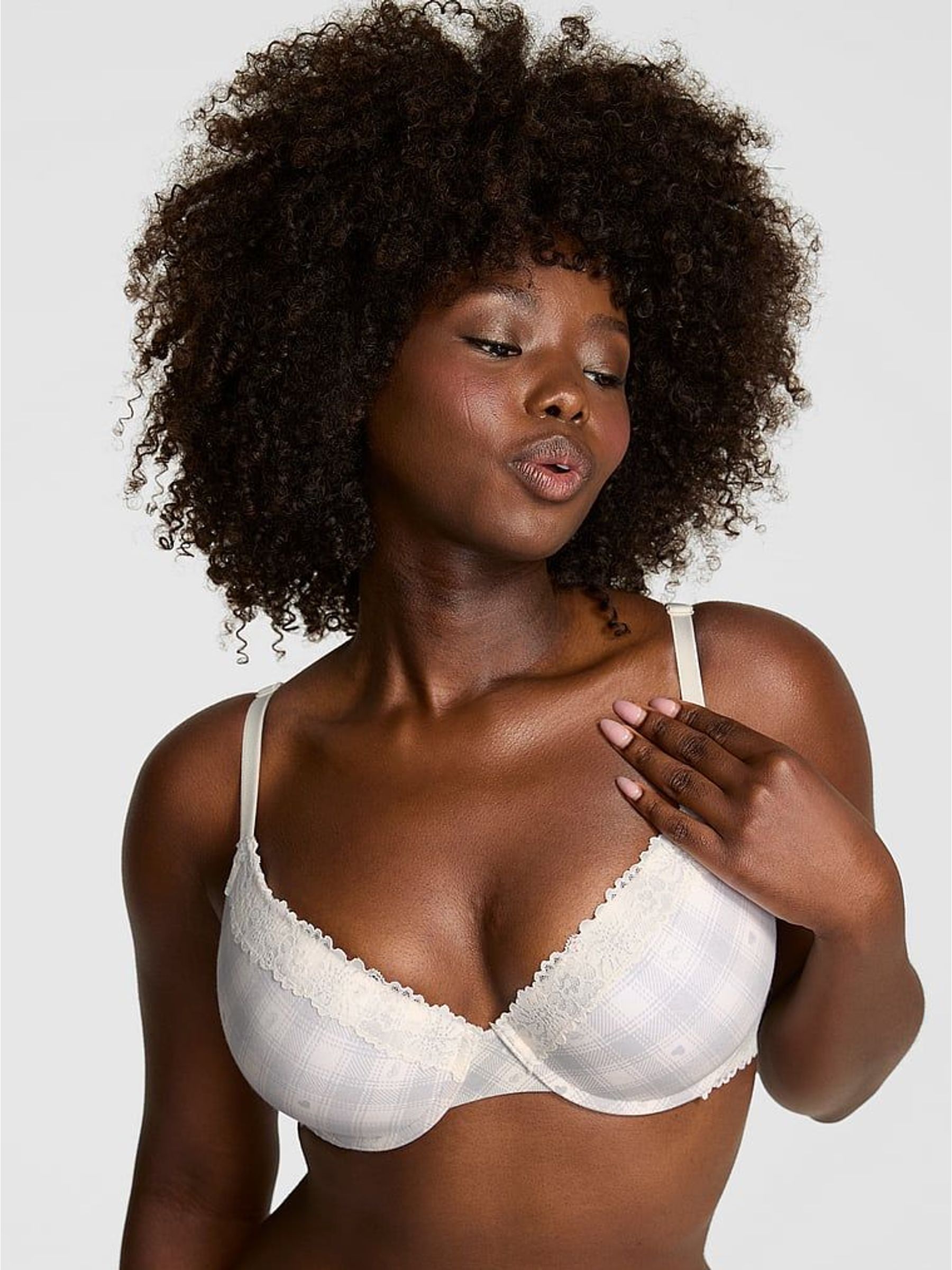 White Tartan Push Up Cotton Heather Lace Trim Bra (W84473) | €37
